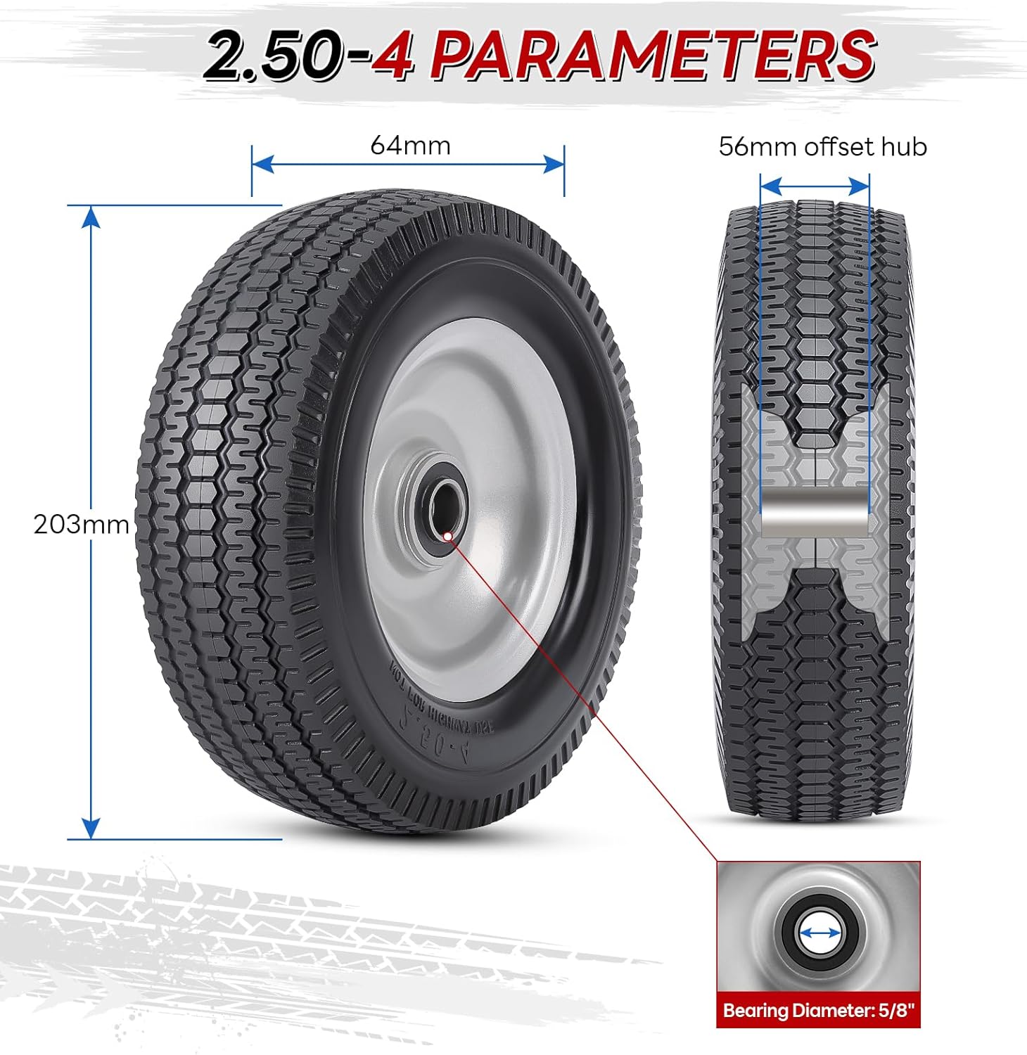 8” Solid Tires, 2.5-4” Flat Free Tires and Wheels with 5/8” Axle Bore Hole and Double Sealed Bearings Compatible with Hand Truck Wheelbarrow Tire Lawn Mower Tire (Silver, 2PCS) P-123