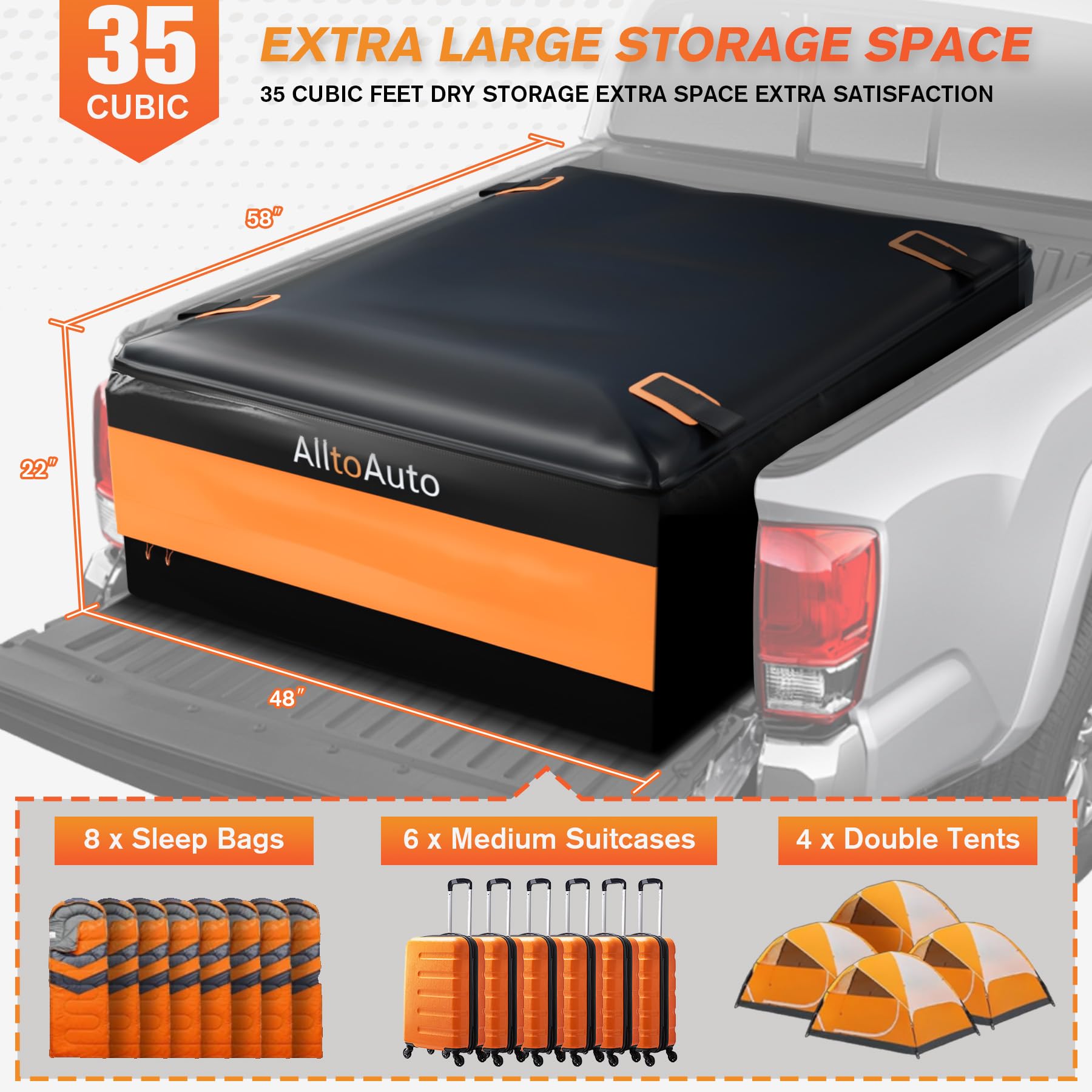 Truck Bed Cargo Bag Plus, 35 Cubic Feet (58''x48''x22''), Foldable, 100% Waterproof Heavy Duty PVC, Fits Any Truck with 4 Stretch Cord, Simple and Convenient for Installation