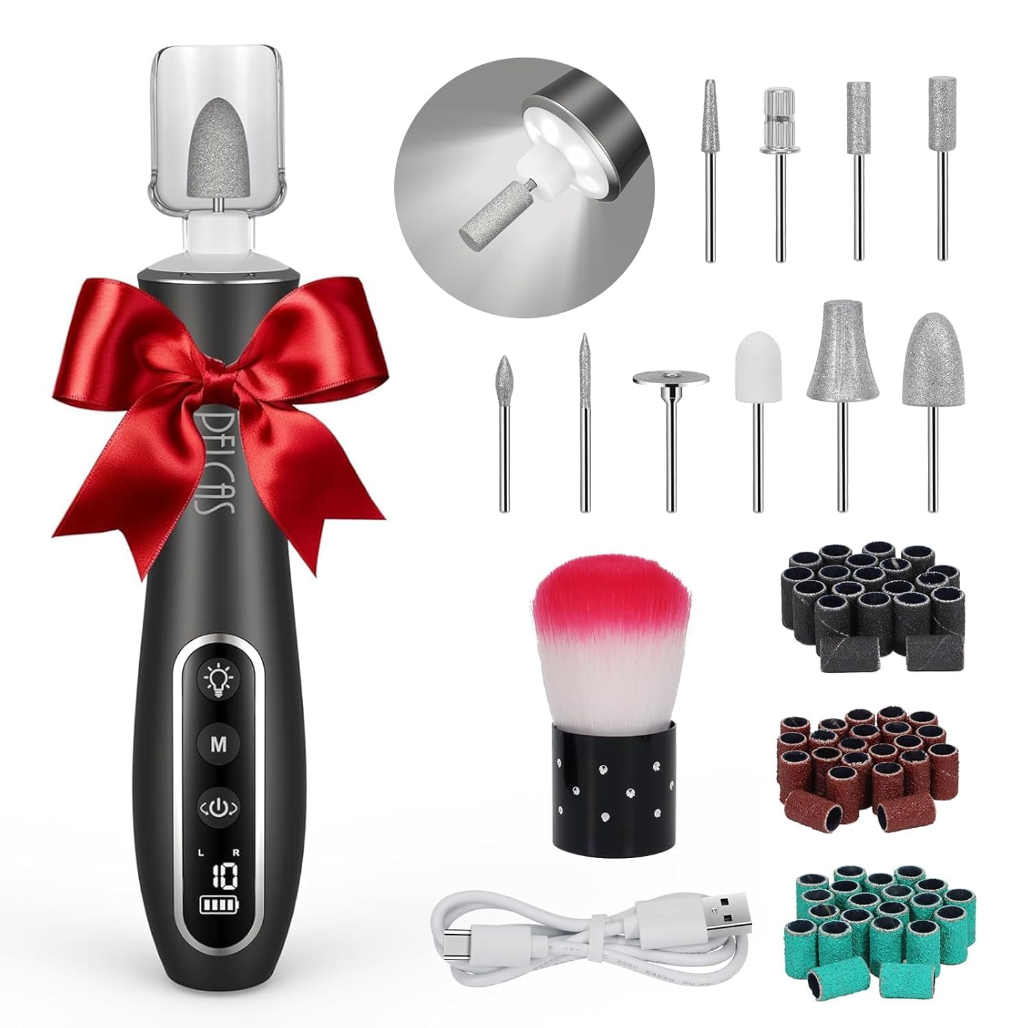 PELCAS Torno para Uñas 10 velocidades Torno para Uñas Profesional Inalámbrico con Pantalla LCD y Luz LED Lima Eléctricas Uñas Recargables Set de Manicura y Pedicura para Salón DIY