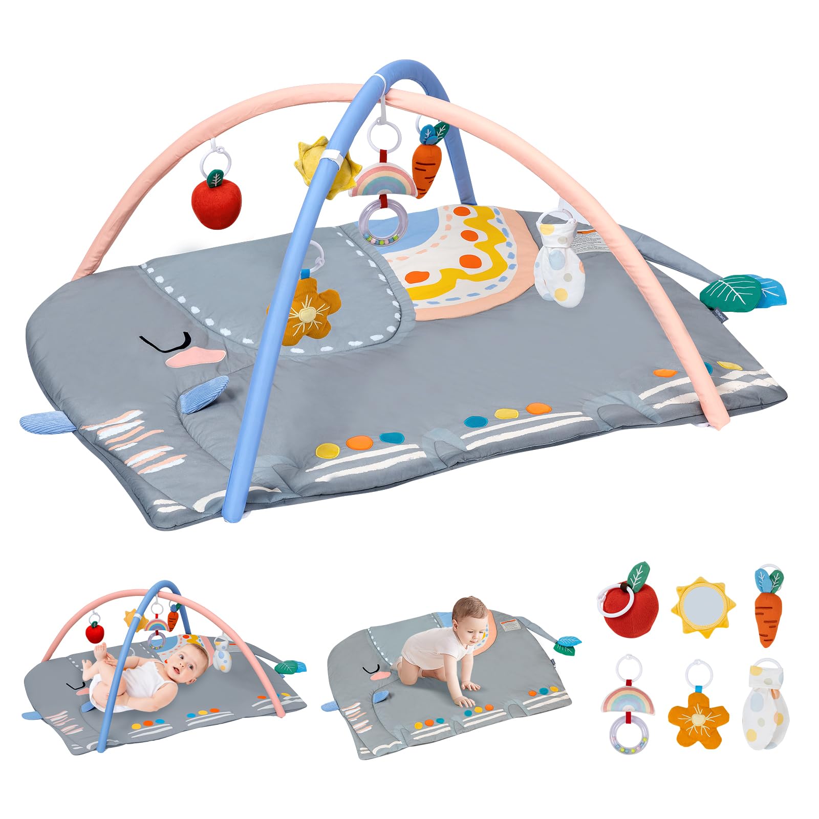 Baby Play Gym Tummy Time Mat, Oversize Elephant Activity Mat with 6 Detachable Toys, Promote Motor Skills & Sensory Development Mat, Newborn Infant Baby Essentials Gift