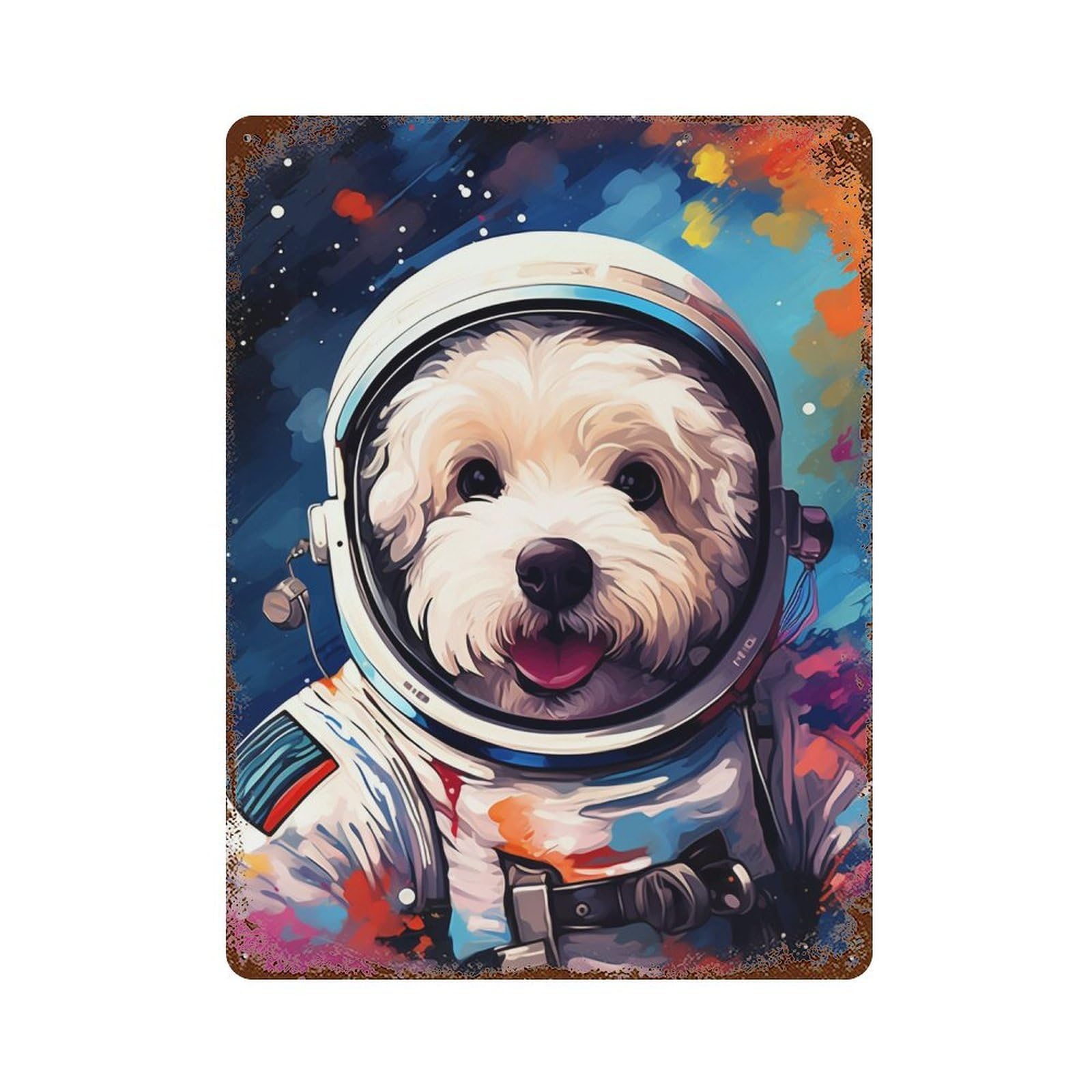 Aged Metal Wall Plaque with Space Pup Adventure -20 Design 15.7"x11.8", for Shed, Workshop And Garage Wall Decor, Decorative Metal Wall Art