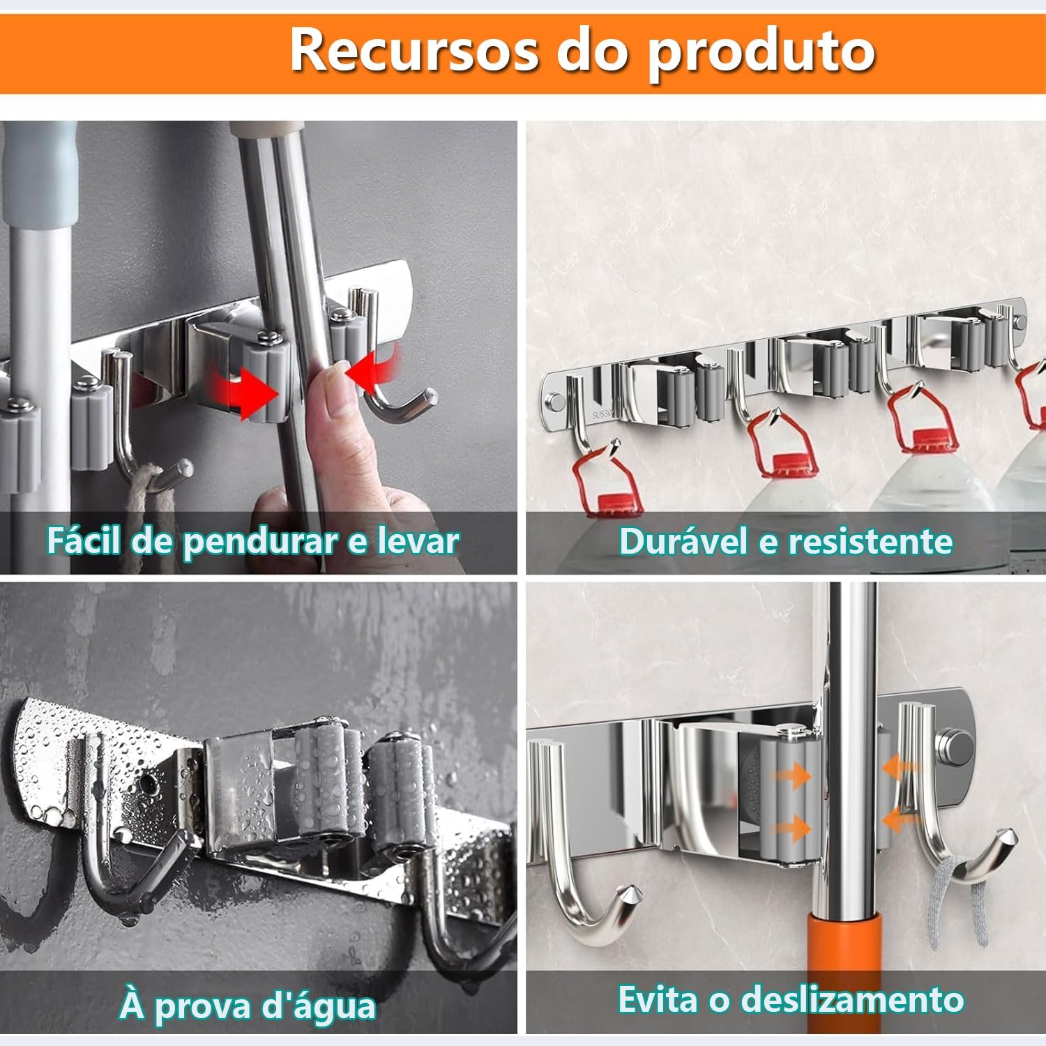Suporte de Parede para Vassouras e Esfregões, 4 Prateleiras, 5 Ganchos, Aço Inoxidável (1, 4 clipes, 5 ganchos) Suporte de Parede para Vassouras e Esfregões, 4 Prateleiras, 5 Ganchos, Aço Inoxidável (1, 4 clipes, 5 ganchos)