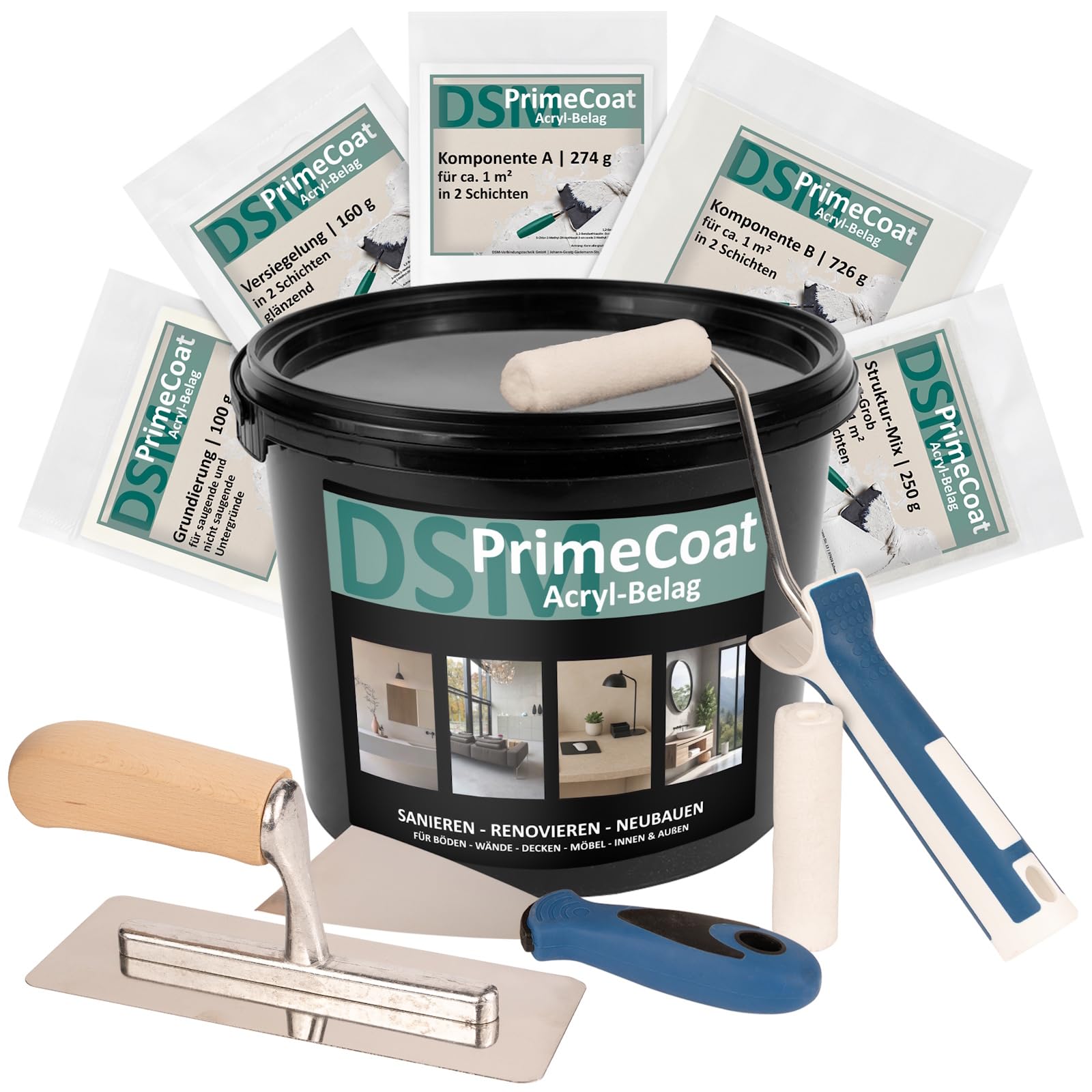 DSM PrimeCoat akrylowa wykładzina szpachlowa masa szpachlowa do prysznica i łazienki – zestaw z akcesoriami na ok. 1 m², M24 szary drogowy, w zestawie mieszanka strukturalna Easy Grob – na ścianę