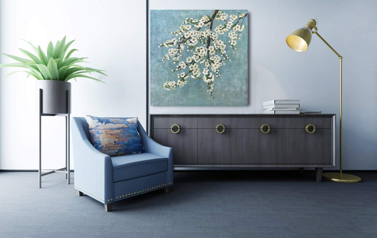 Yihui Arts Large White Flower Dinning Room Wall Art Hand Painted Modern Floral Painting Canvas Pictures Plum Blossom Artwork For Decoration,40x40IN