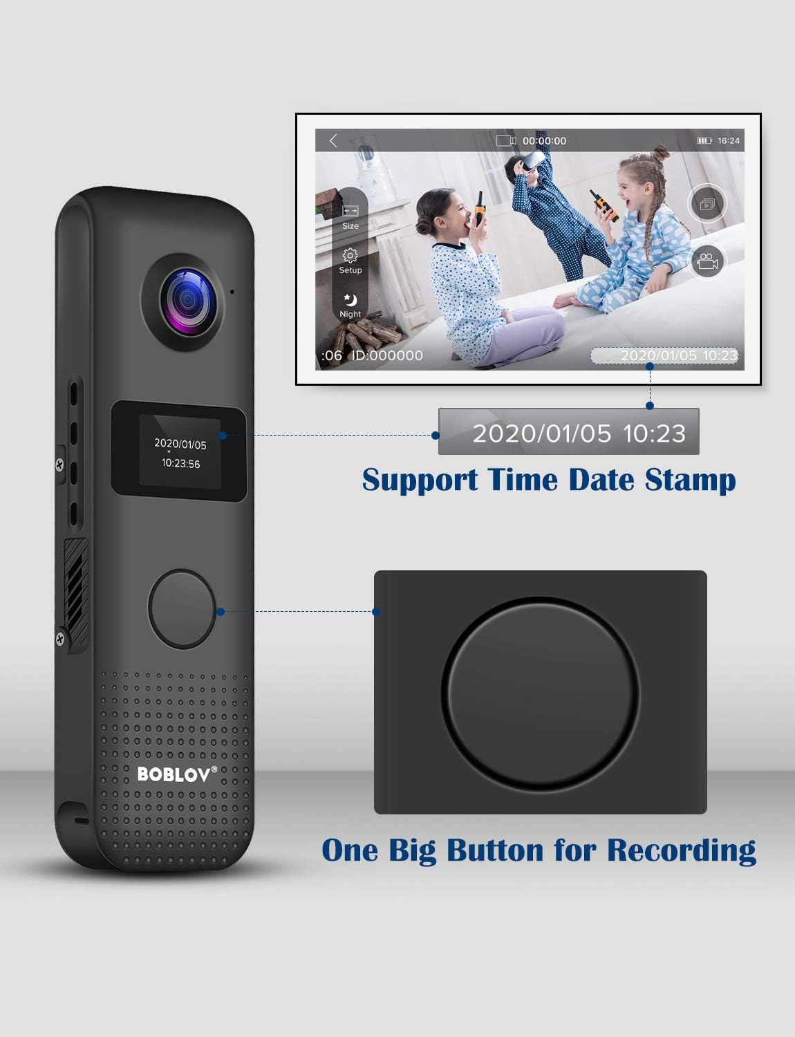 BOBLOV C18 camera showing the large recording button and time/date stamp സവിശേഷത.