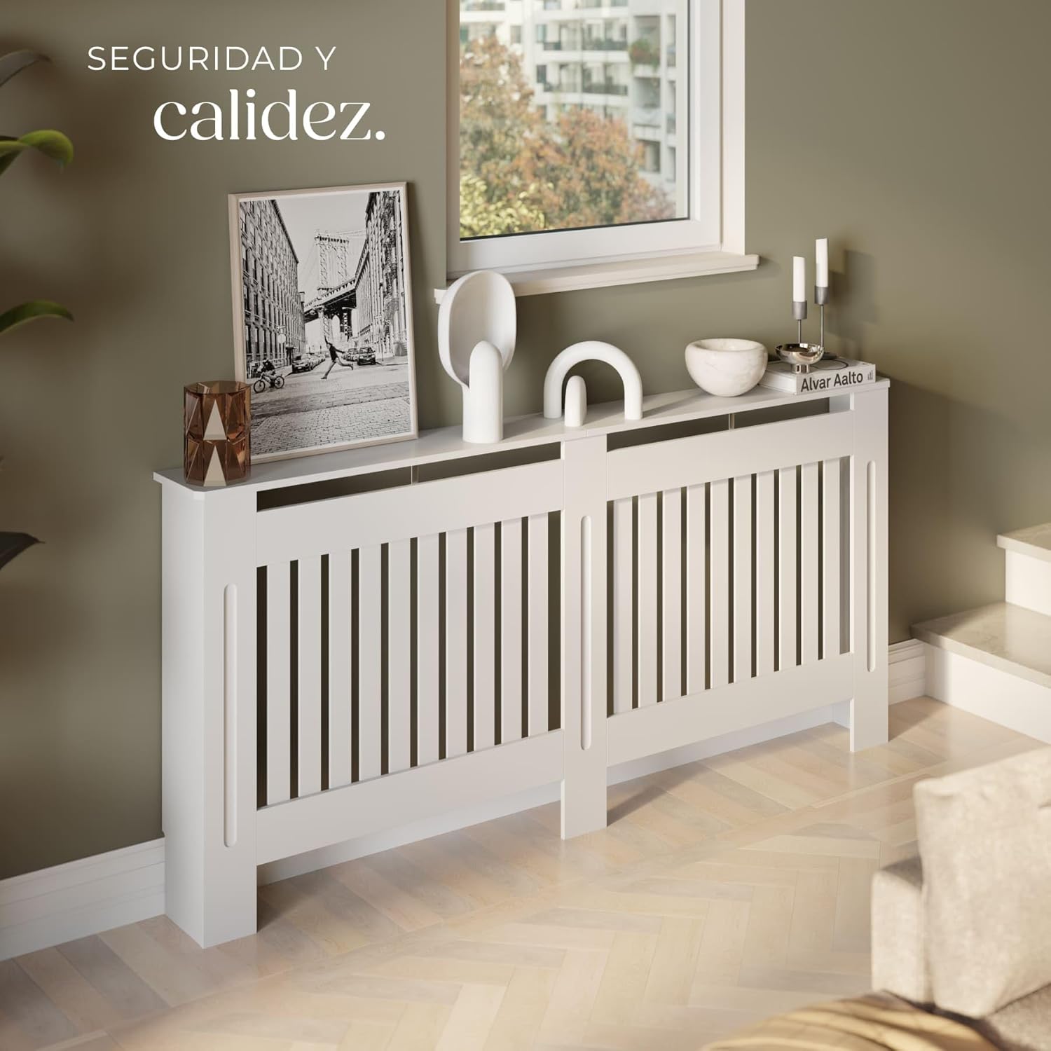 Radiator cover in a living room setting, with decorative items on top, emphasizing safety and warmth.