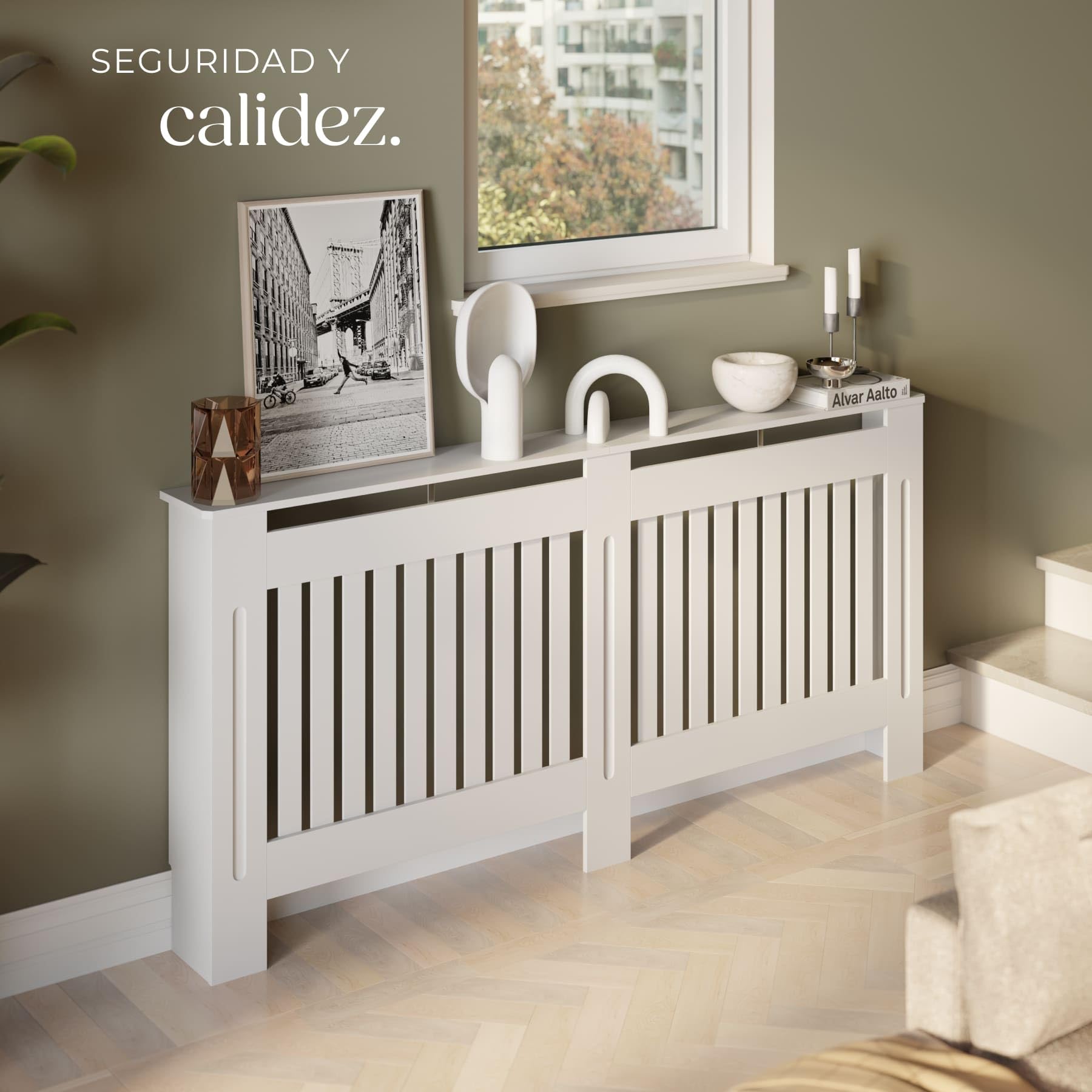 tectake® Cubre Radiador con Diseño de Lamas, Cubierta para Calefacción, Revestimiento para Radiadores, con Repisa Decorativa, Protección contra Calor, Fácil Limpieza, Escandinavo - 172,3 x 19 x 82 cm