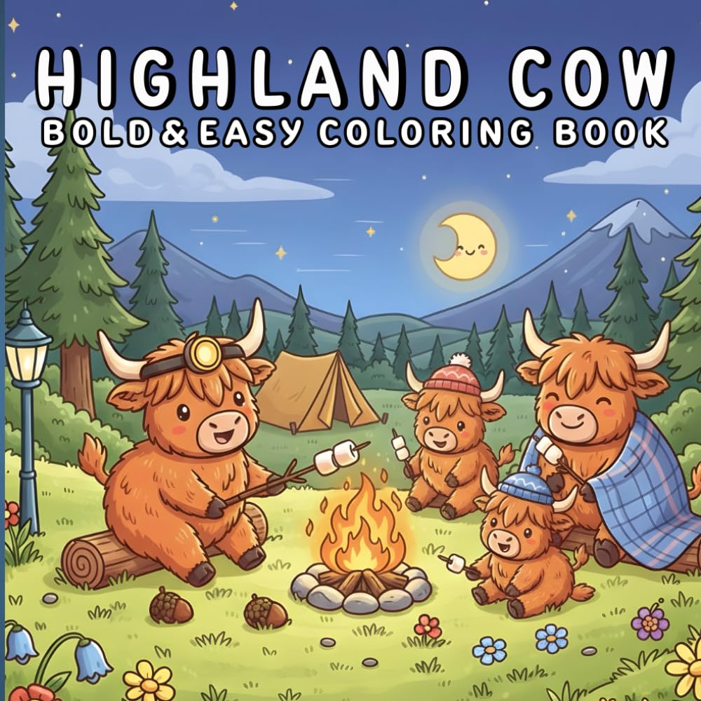 Highland Cow Bold and Easy Coloring Book: Simple and Big Designs for Relaxation Featuring Nature-Themed Highland Cow Illustrations for Adults and Kids