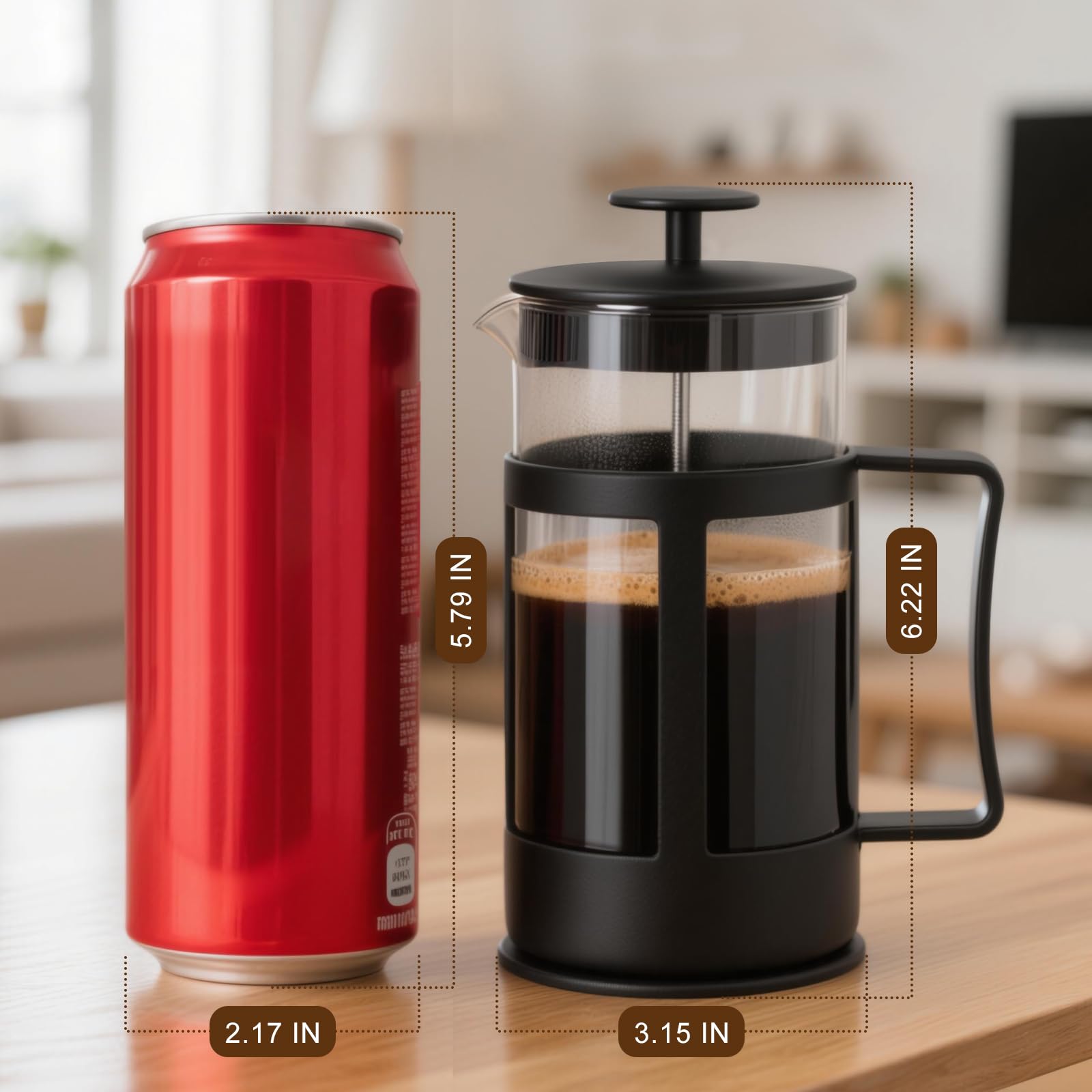 Chiallco Mini cafetera de prensa francesa, prensa de café clásica de borosilicato grueso resistente al calor, de acero inoxidable, 340.2 g, para cocina, viajes, camping, color negro