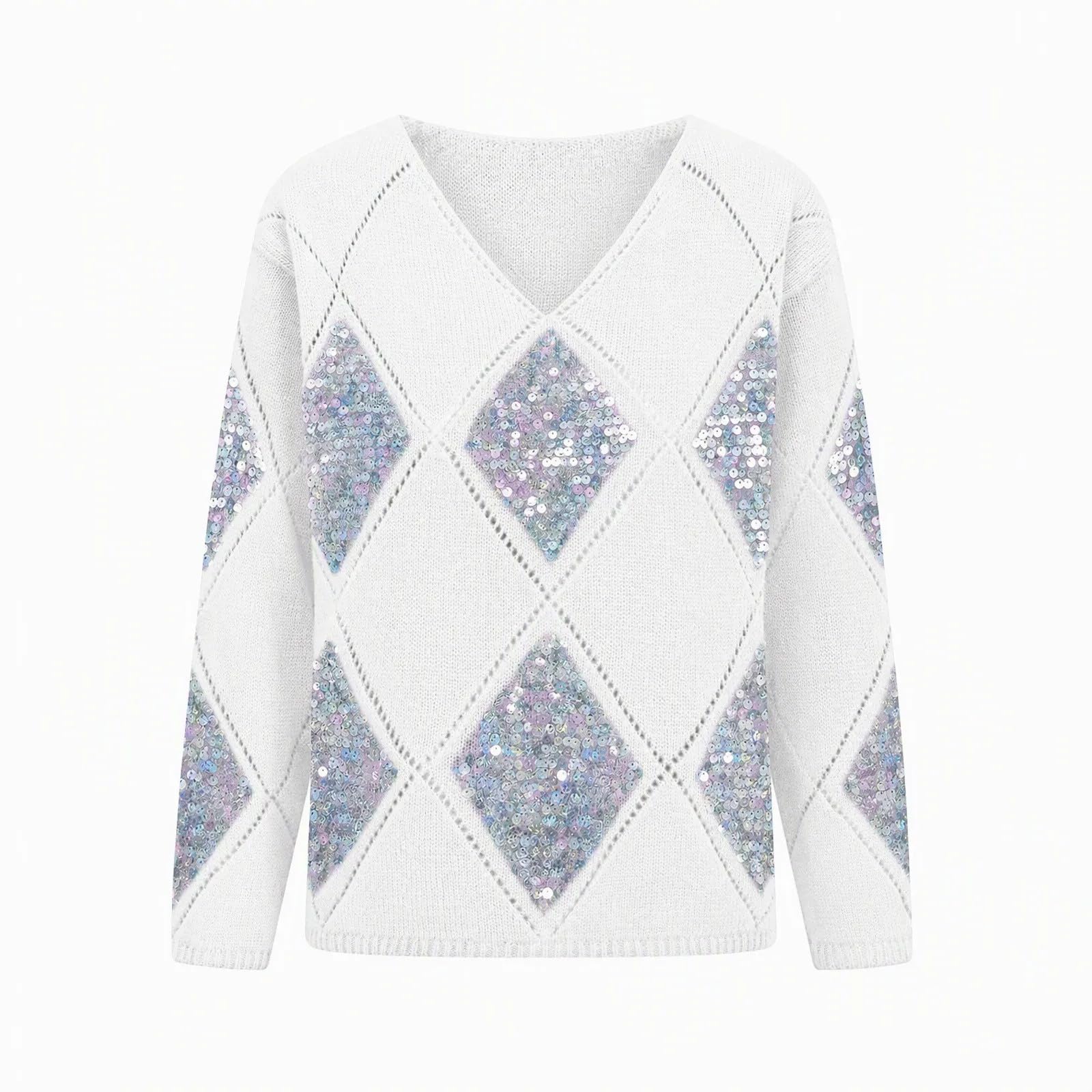 Strickpullover Damen Kurz Pullover Pailletten Oberteil V-Ausschnitt