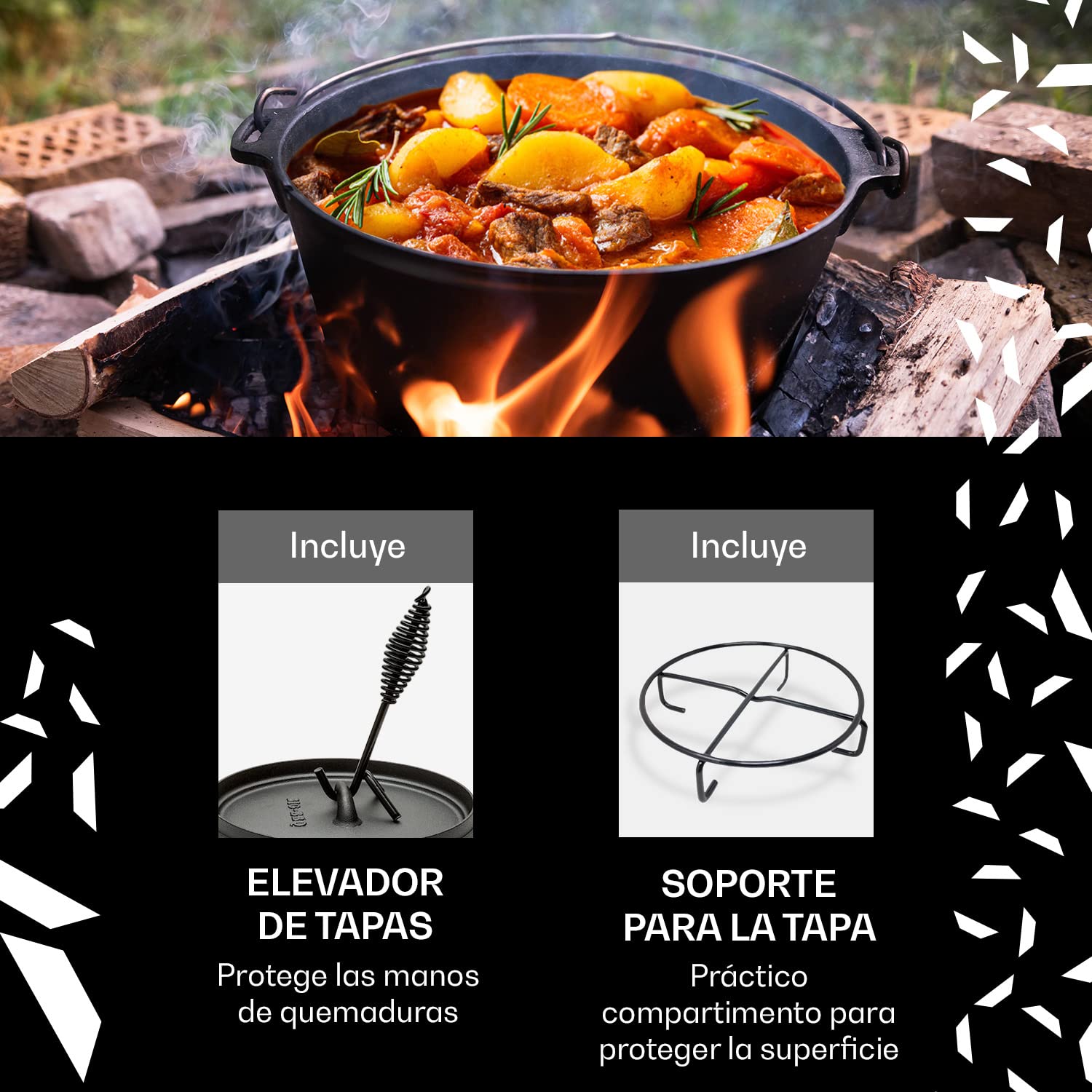 ToCi Horno Holandés de Hierro con Tapa, Olla Hierro Fundido con Capacidad de 7,2 l., Cazuela con Tapa para Horno a Prueba de Goteo, Uso Sartén para Cocina en Camping y BBQ para Brasas y Parrilla