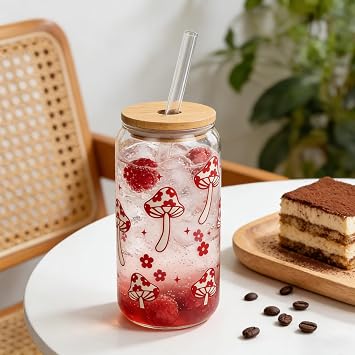 Coquette Cute Glass Cup with Lids and Straws 18OZ Mushroom Iced Coffee Cup