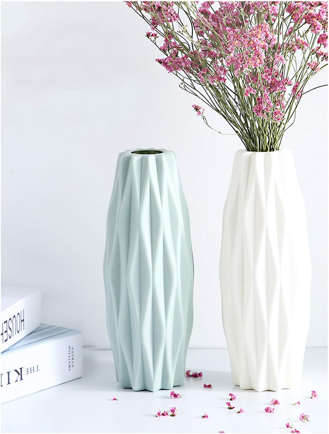 DoubleCare 2PC Vases for Flowers, Geometric Flower Vases Decorative for Living Room, Table, Home,Office,Artificial Flowers Decor(Green+White)