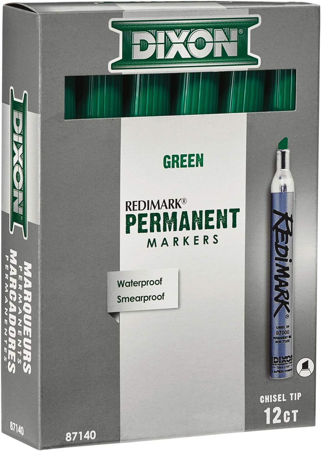 DIXON Industrial RediMark Permanent Markers, Chisel Point, Metal Barrel, Box of 12 Markers, Green (87140)