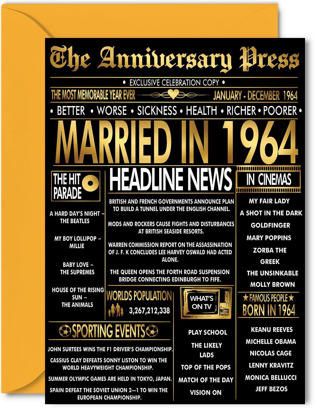 Stuff4 Gold 62nd Anniversary Card for Women Men - Golden Newspaper Married in 1964-62 Year Wedding Anniversary Card for Partner Wife Companion Husband, 5x7 Inch Anniversaries Greeting Cards