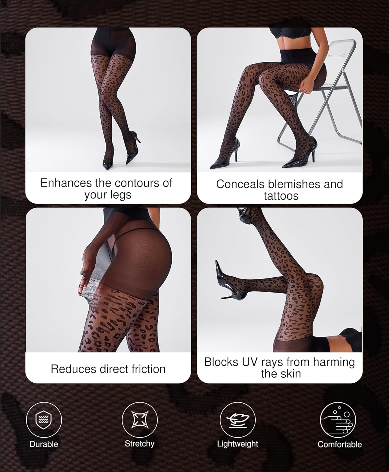 Popilush Sheer Tights for Women, 20 Denier Black Leopard Pattern Pantyhose Sheer Stockings Compression Nylons - Image 4