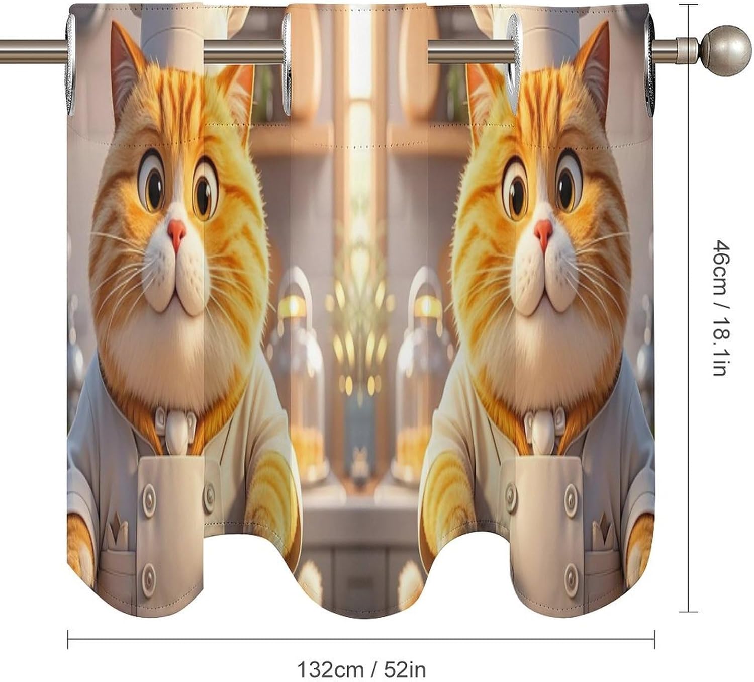 Cat Chef Valance for Windows, 2 Pack Kitchen Curtains Modern Home Decor, Soft Blackout Window Curtains for Living Room & Bedroom, 18 X 52 Inch