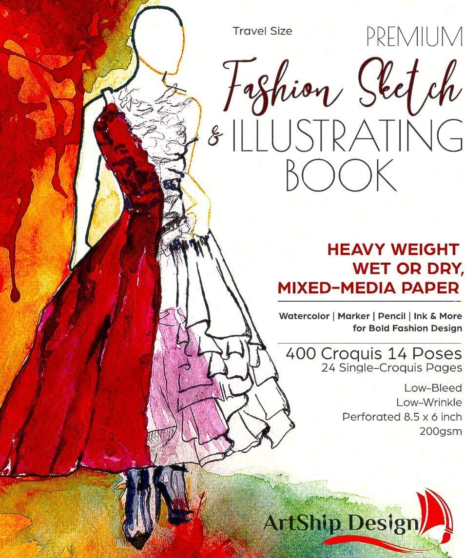 Fashion Sketchbook 400 Figure Templates, Premium Hardcover, Heavy-Weight Multi-Media Paper (8.5x6 Travel Size)