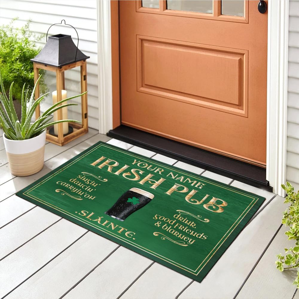 Artsy Woodsy Personalized Irish Pub Doormat, St Patrick's Day Decor Drying Rubber Non Slip Coffee Bar Accessories, Door Mat Indoor Entrance Home Pub, Floor Mat, Welcome Mat Outdoor, Custom Gifts (01)