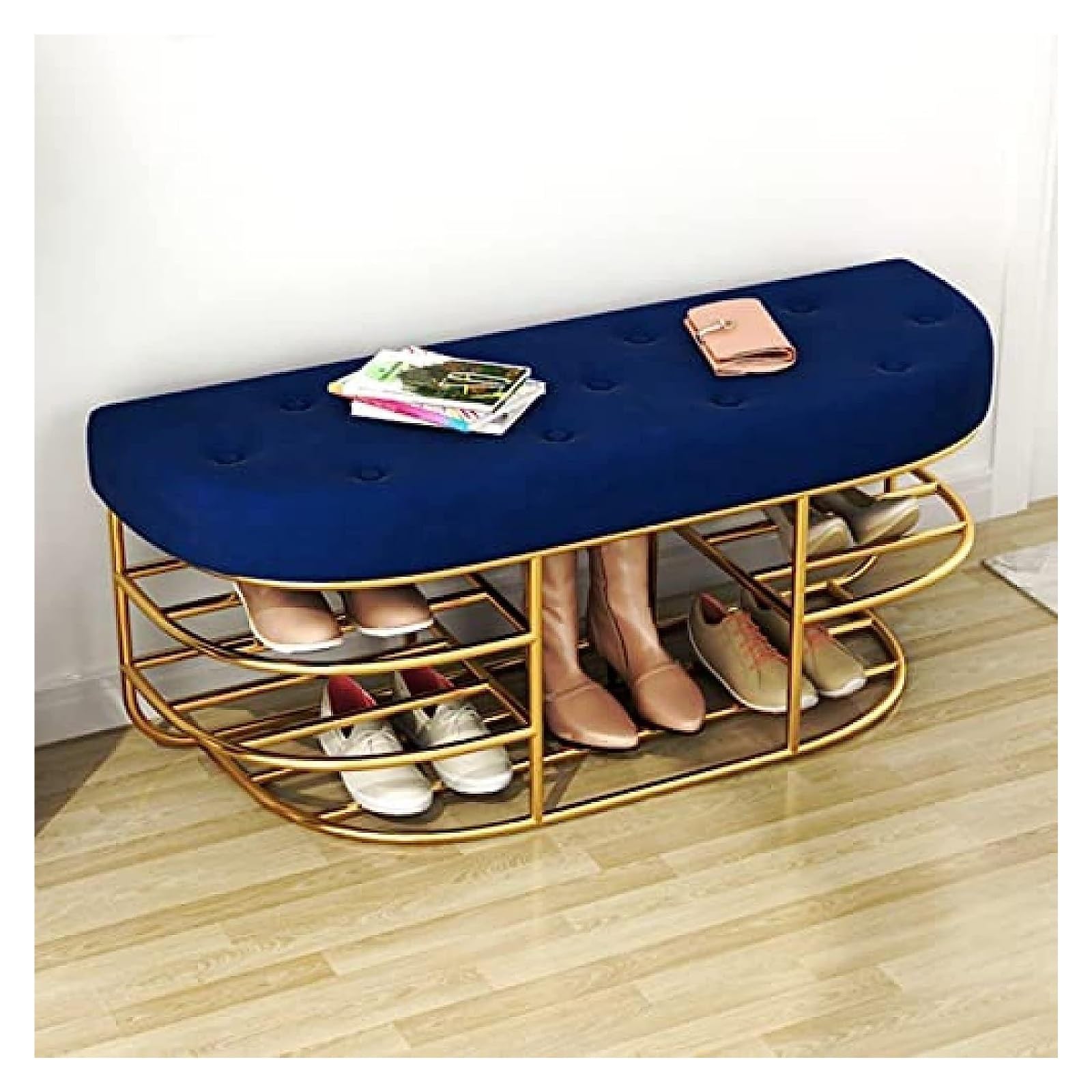 Shoe Storage Bench Hallway Shoe Cabinet, Upholstered Shoe Bench,Metal Shoe Rack with Velvet Seat Decor Livingroom Furniture