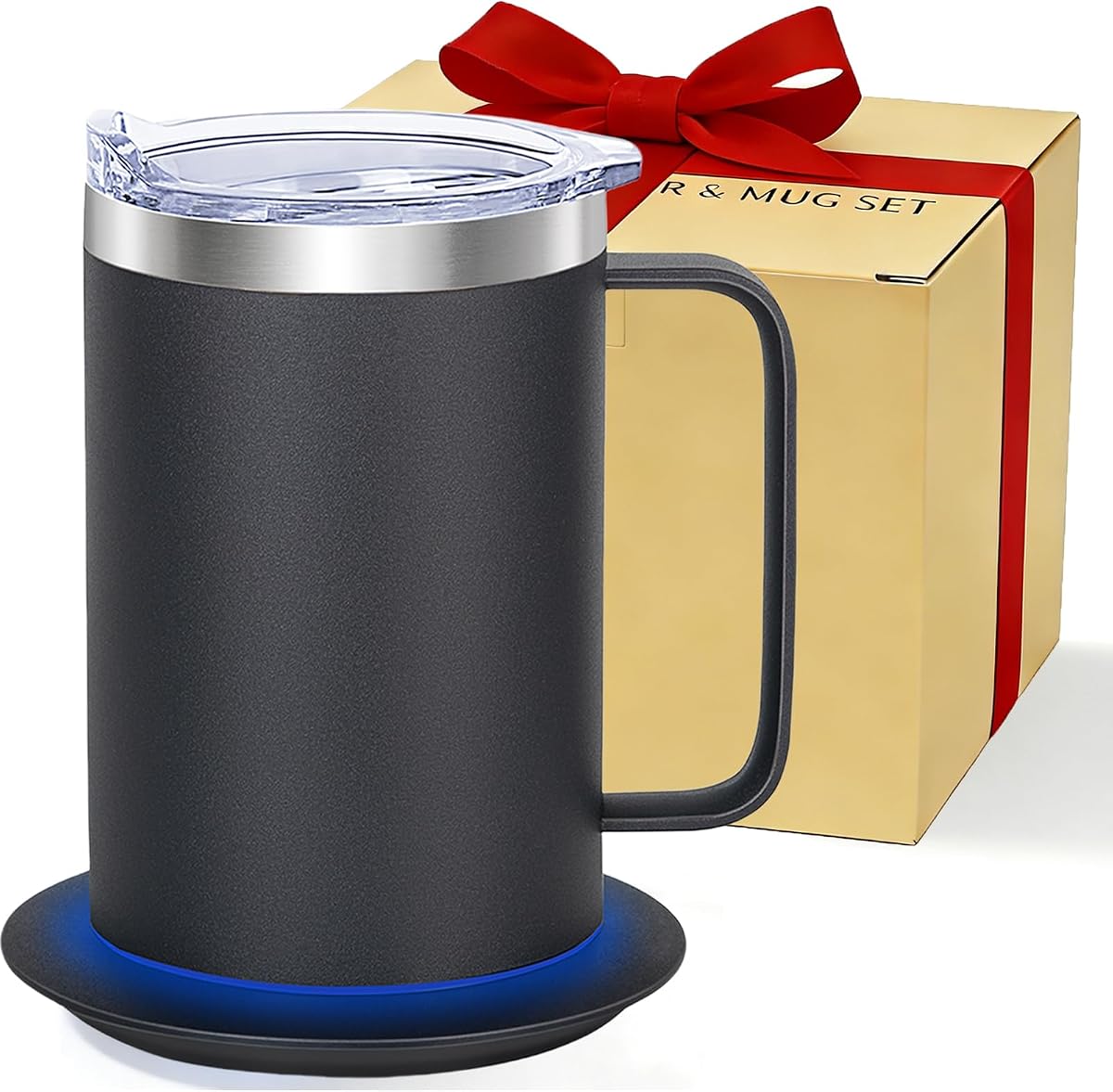 Juego de tazas calentadoras de café para escritorio, taza de café autocalentable con tapa, taza de café eléctrica USB con control de temperatura (negro-14oz)