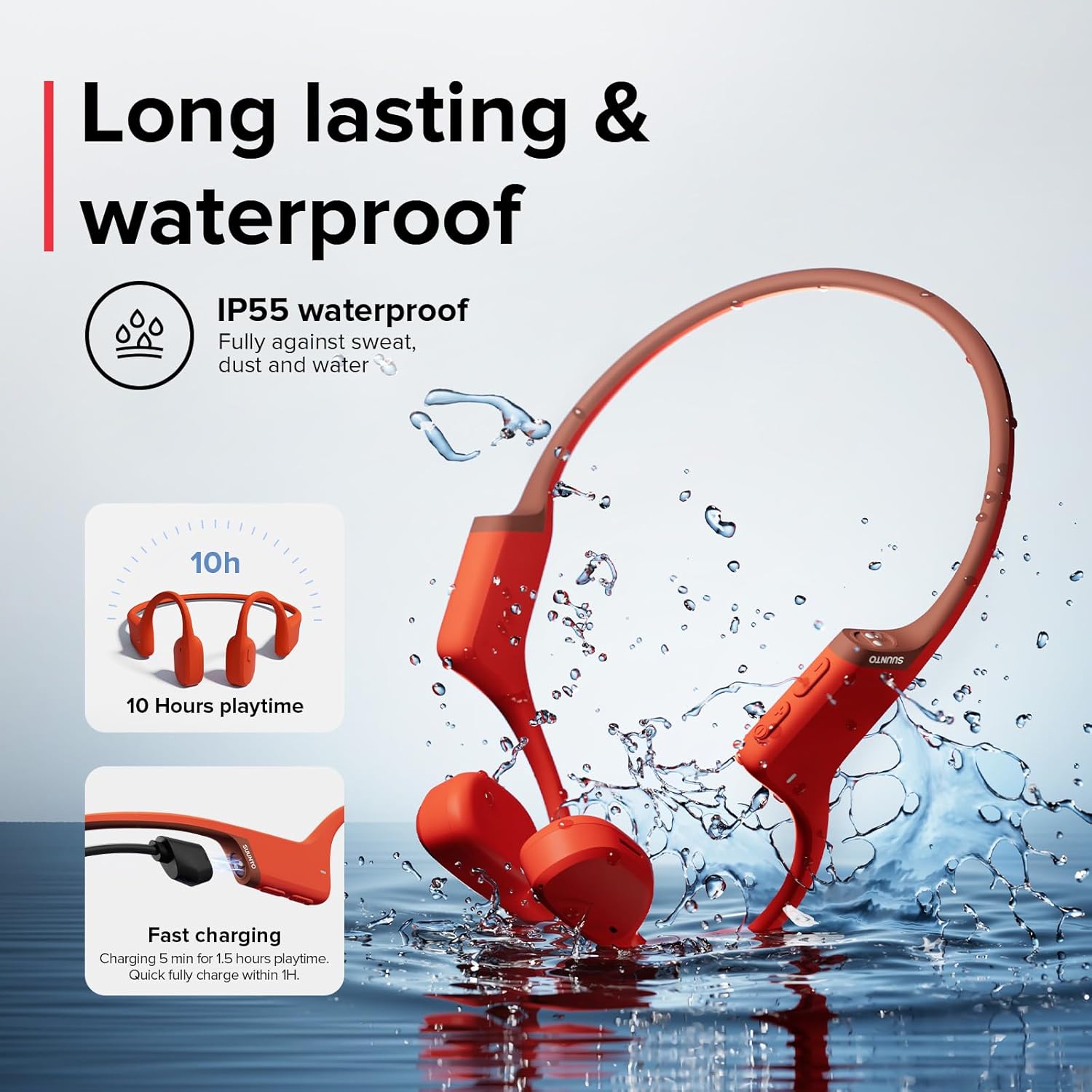 SUUNTO Sonic headphones being charged and showing waterproof feature