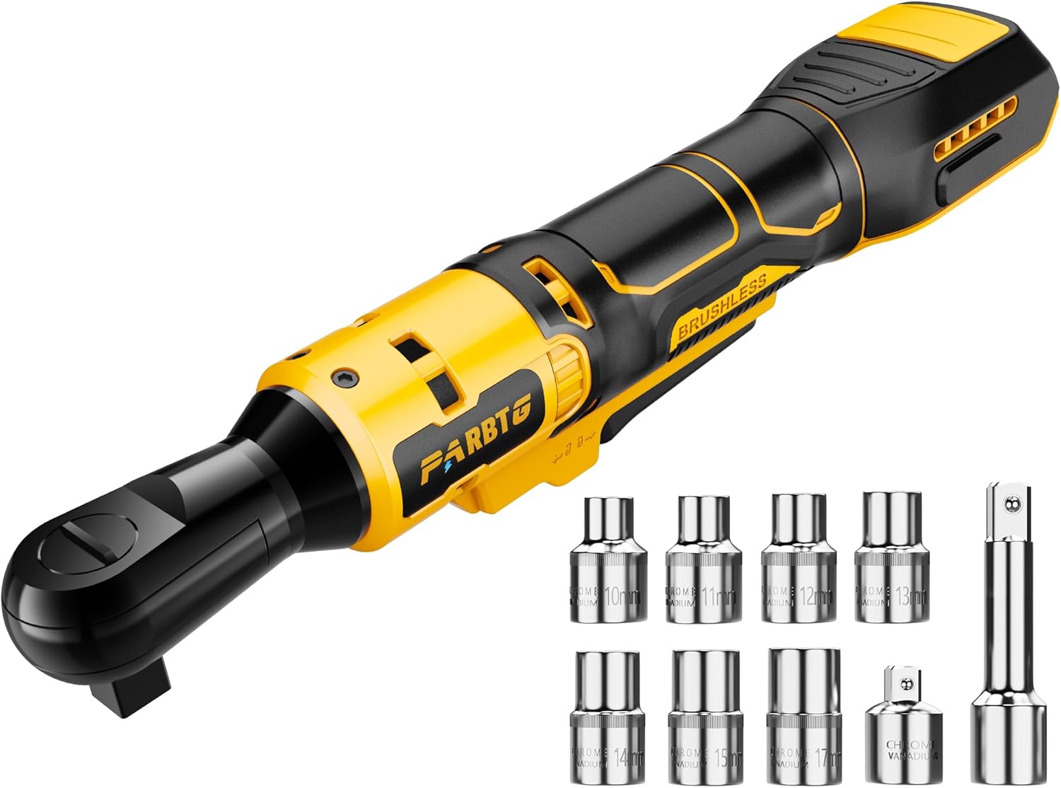 1/2 Inch Cordless Ratchet Wrench Compatible with DeWalt 20V Max Battery, 74Ft-Lbs (100N.m) High Torque, Brushless Motor, 0-400RPM Variable Speed, 7 Sockets, 1/2" to 3/8" Adapter, 3" Extension Bar