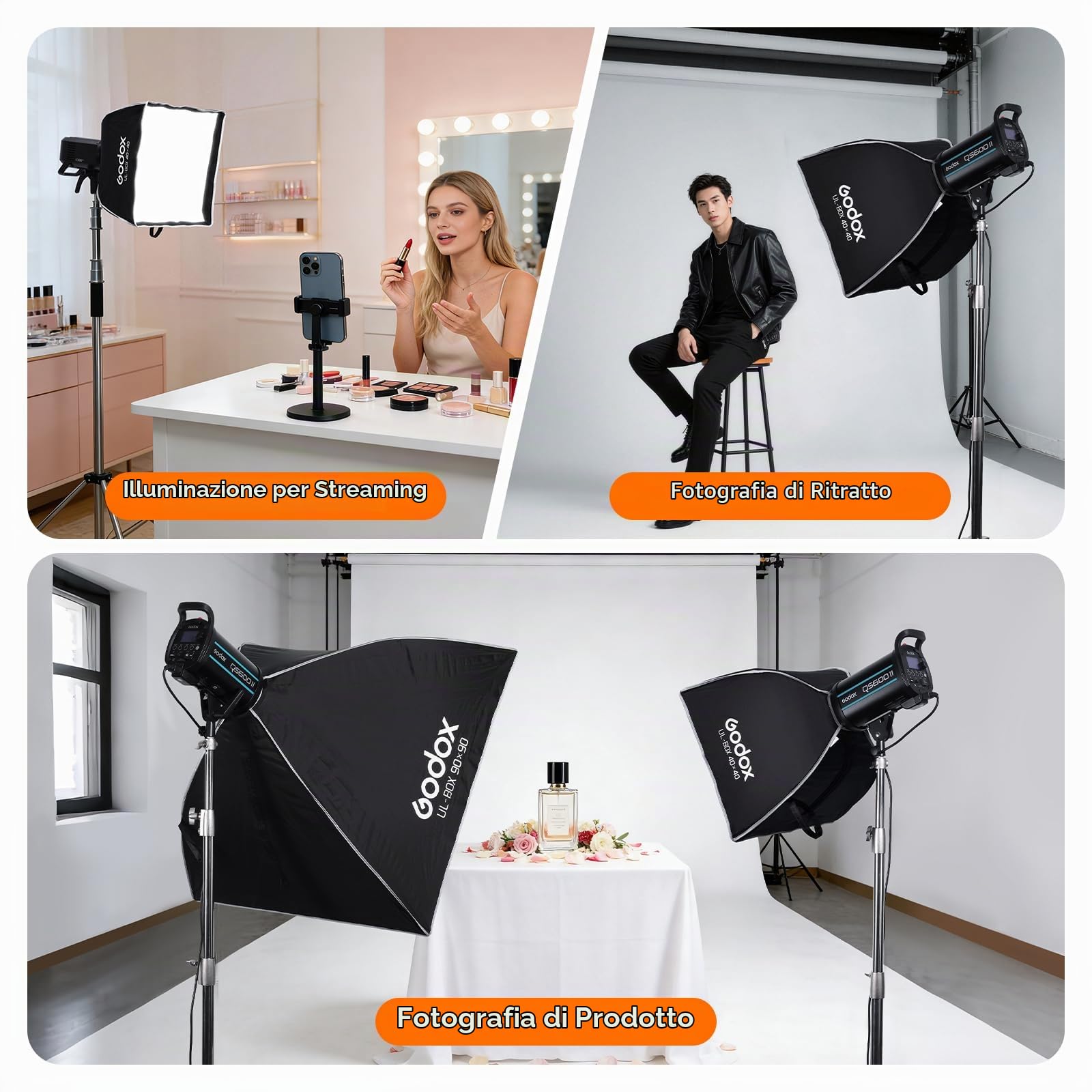 Godox UL-Box 40x40 centimetri / 16x16 pollici Ombrello Softbox a rilascio rapido - Softbox quadrato con diffusori e configurazione rapida, compatibile con il supporto Bowens