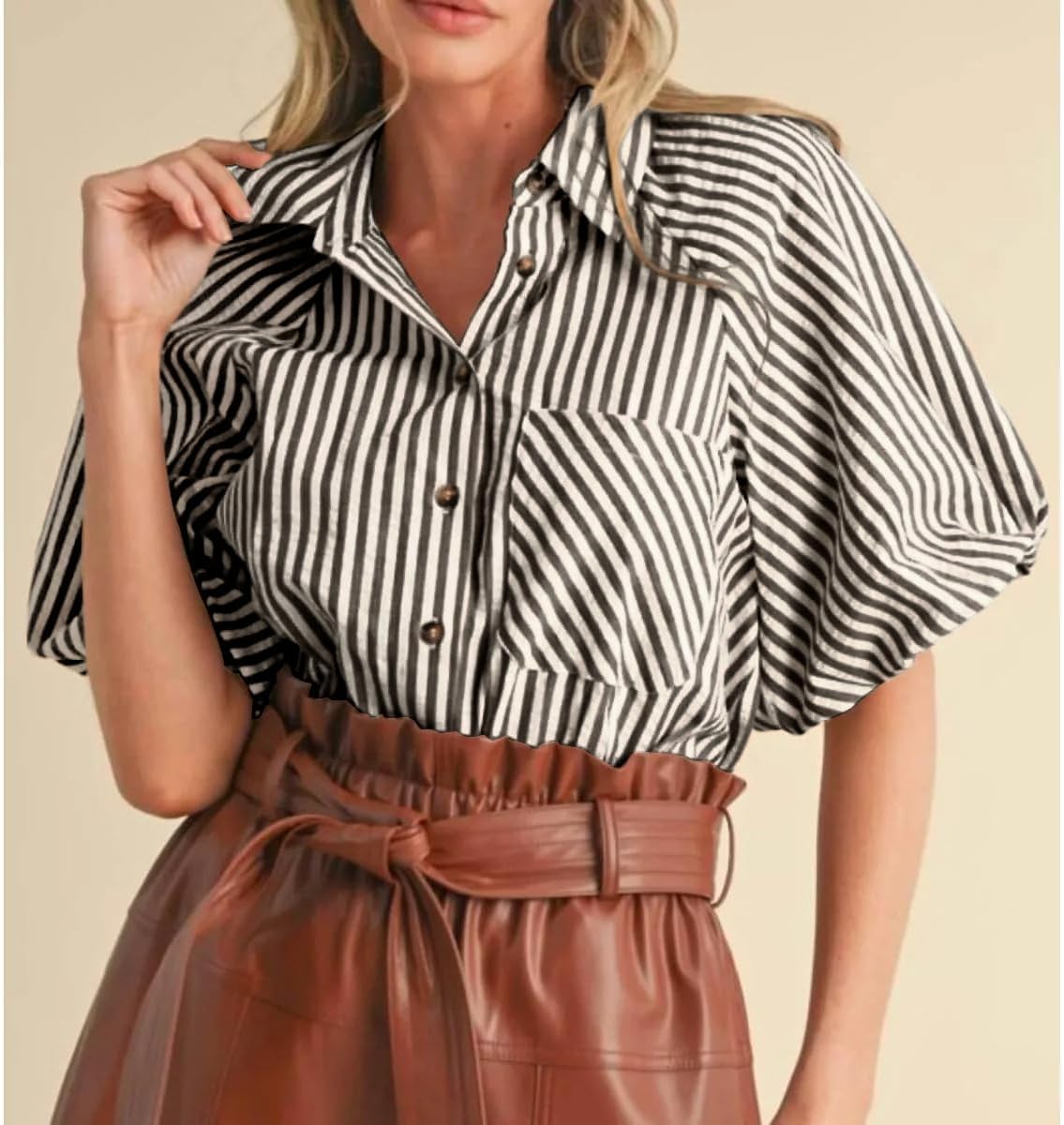 Women's Striped Button Down Shirt Puff Sleeve Collared V Neck Loose Casual Dressy Blouse Top - Image 6