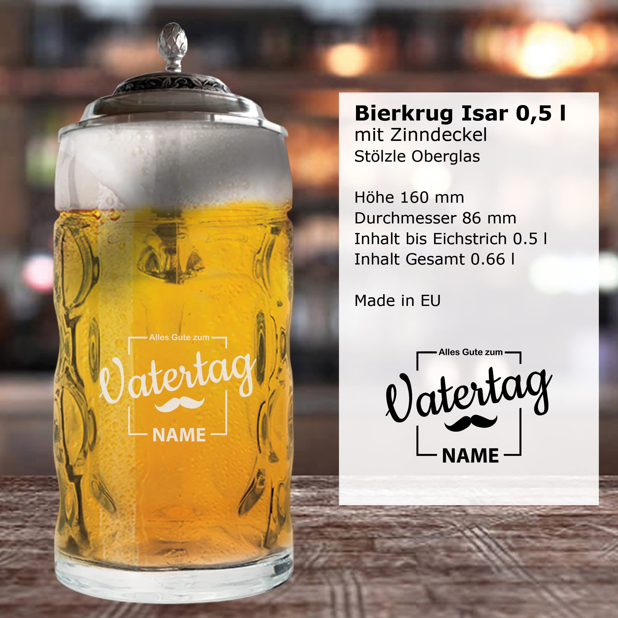 Chope à bière avec gravure et couvercle en étain – Chope à bière Isar 0,5 l avec couvercle en étain – Chope à bière comme cadeau de fête des pères – Cadeau d'anniversaire pour homme