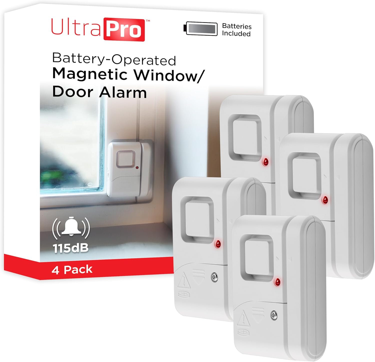 UltraPro Window & Door Alarm 4-Pack: 120dB Wireless Chime/Alarm, Easy DIY Install for Home, Apartment, Garage Security - Model 45174