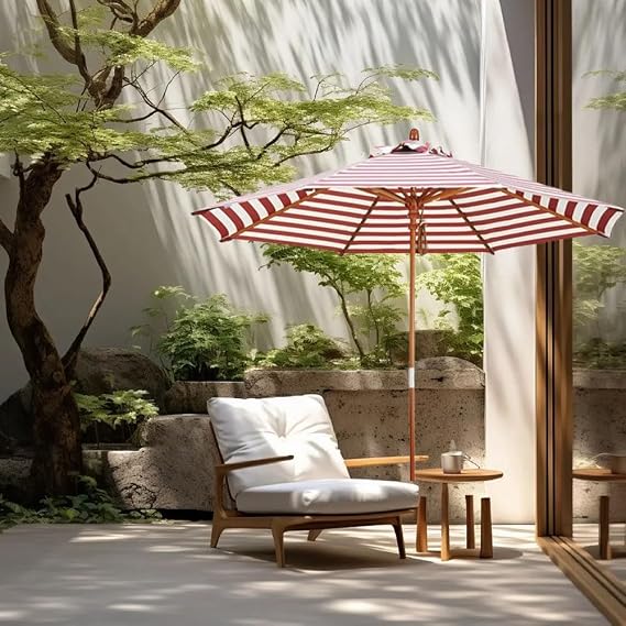 Outdoor Patio Striped Umbrella,9ft Wooden Beach Umbrella,UV Protection Garden Parasol,Market Table Sun Umbrella for Backyard Pool