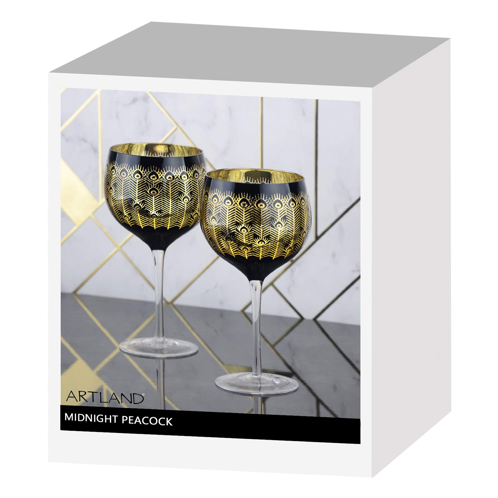 Artland Midnight Peacock Gin Glasses Gold & Black Set of 2 700ml Capacity Per Glass