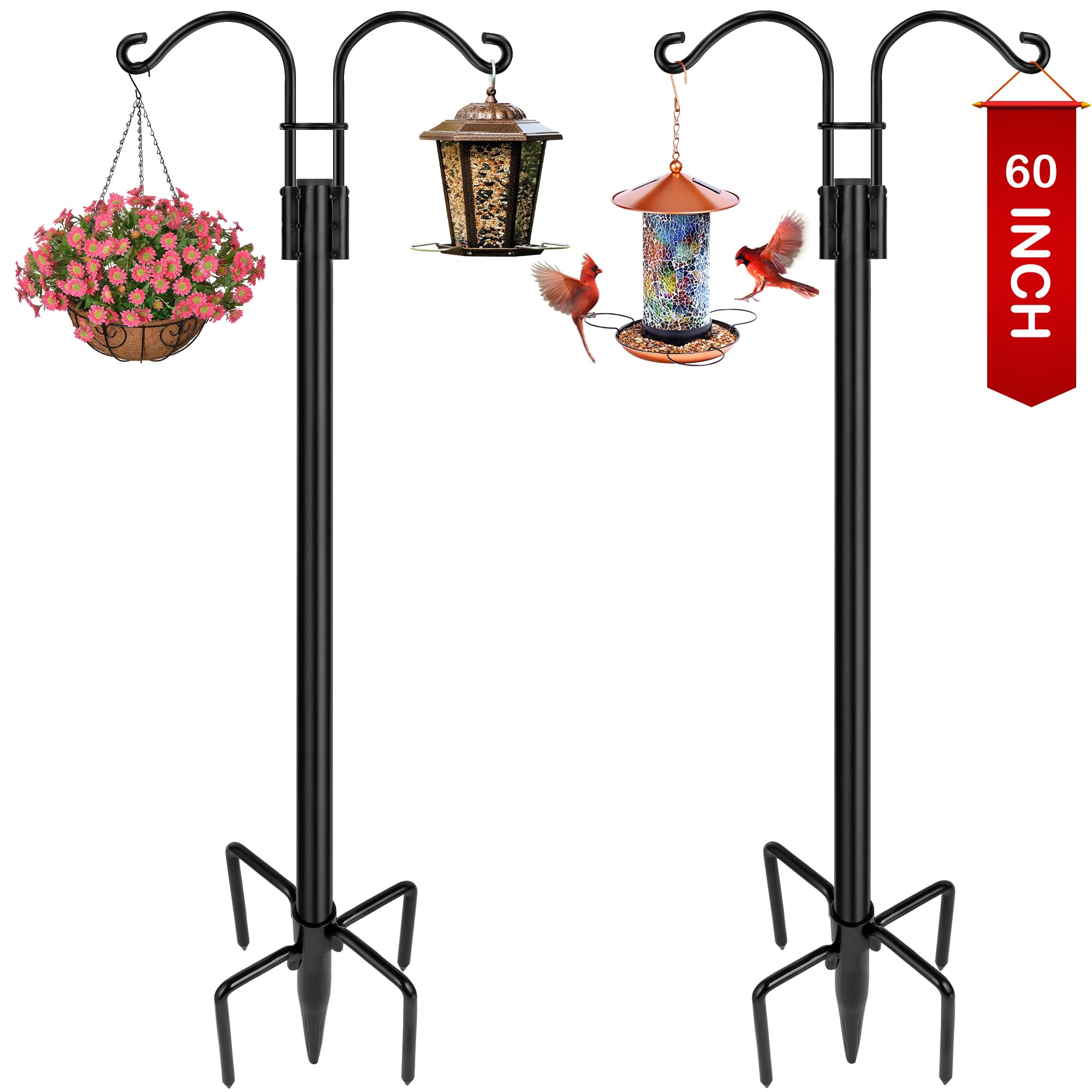 Double Shepherds Hooks for Outdoor, 2-Pack Heavy Duty Two Sided Garden Pole for Hanging Bird Feeder, Plant Baskets, Solar Light Lanterns, Garden Plant Hanger Stands with 5 Base Prongs(60 inch)-image-25