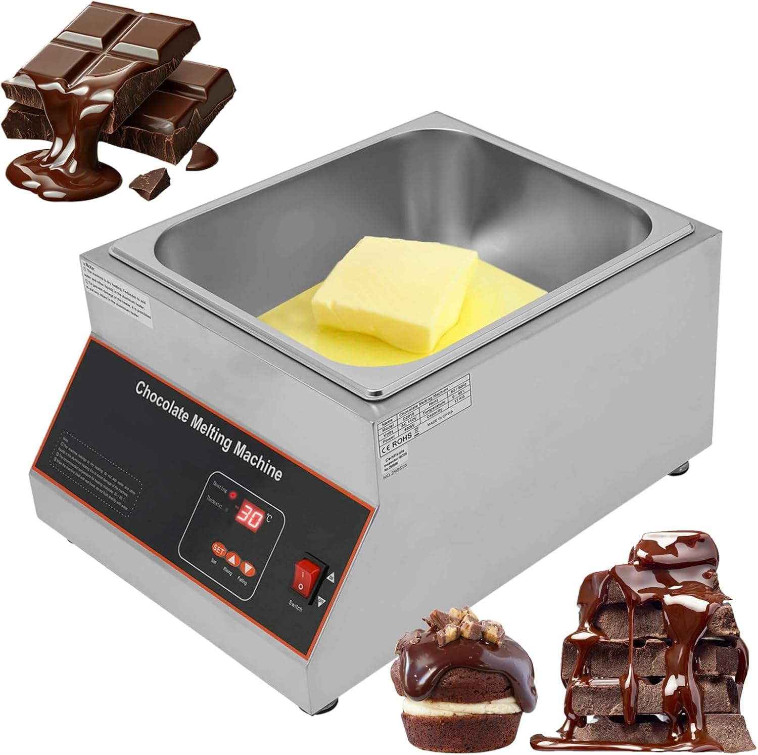 Máquina de fusión de chocolate en acero inoxidable comercial con pantalla digital de 500 W
