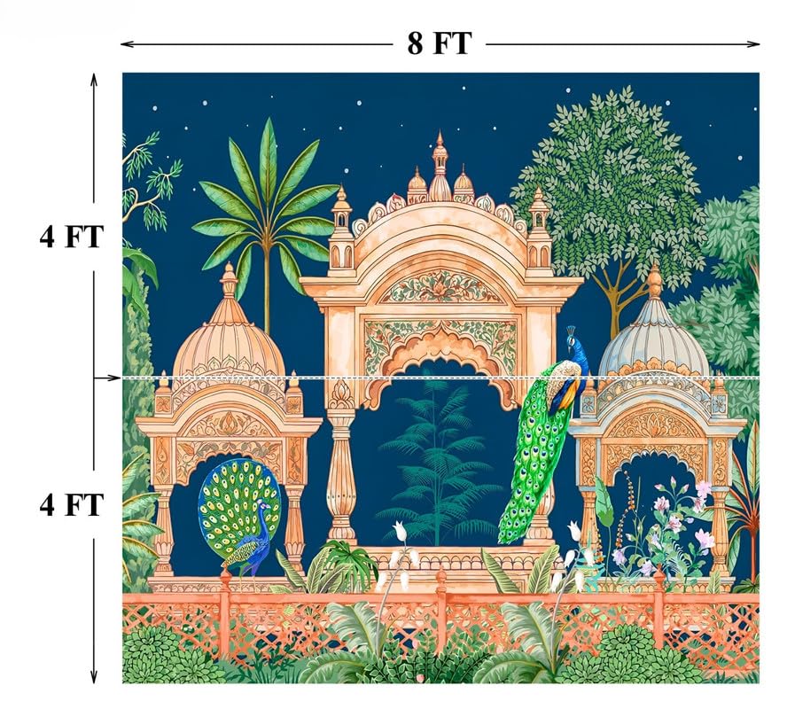 Image of Peacock backdrops decorationss | Backdrop Cloth for Decoration| Traditional Backdrop Decoration Cloth Dark Blue Colur Banana Tree Two Peacock 8 8 feet | puja Backdrop Decorations Cloth