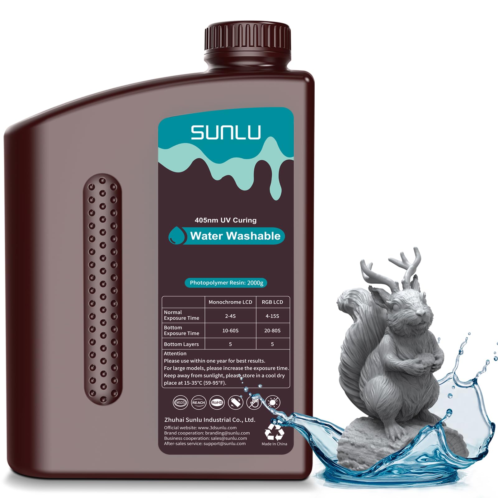 SUNLU Résine Lavable à l'Eau pour Imprimante 3D, 2kg 405nm UV Résine Photopolymère à Durcissement Rapide pour Imprimante 3D 4K 8K LCD DLP SLA, Pas d'Alcool Nécessaire, Haute Précision,2000g Gris Foncé