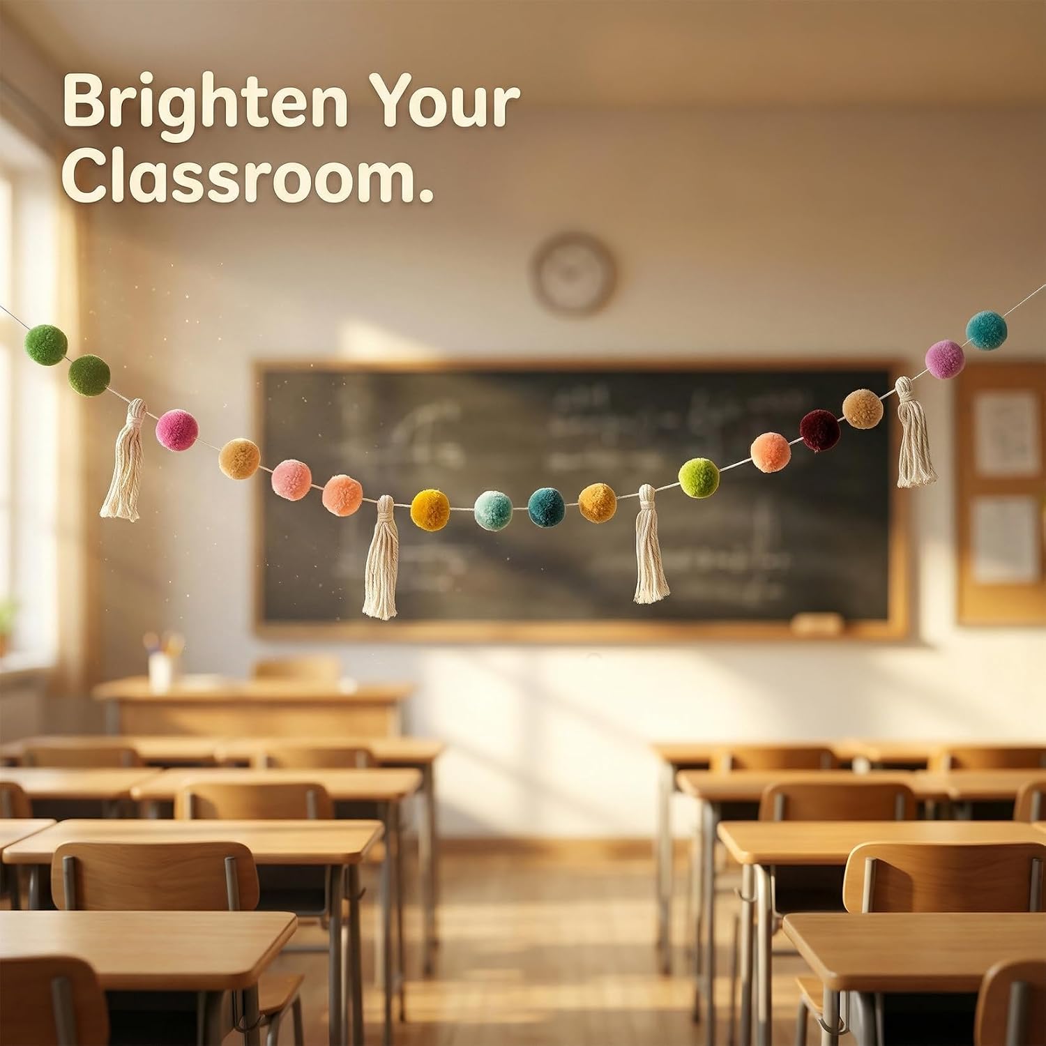 RAINFLOW Pom Pom Garland Decoration - 6.5FT Pre-Assembled Tassel Boho Pastel Welcome Banner for Bulletin Board Decorations Classroom Decor Teacher Desk Wall Door Display