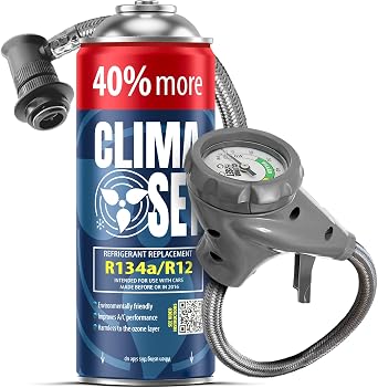 CLIMASET - Automotive AC Recharge Kit - Gas & Oil R134a + Hose - for Vehicles 1994-2016, Modern Easy-to-Use Hose with Pressure Gauge [Energy Class A]