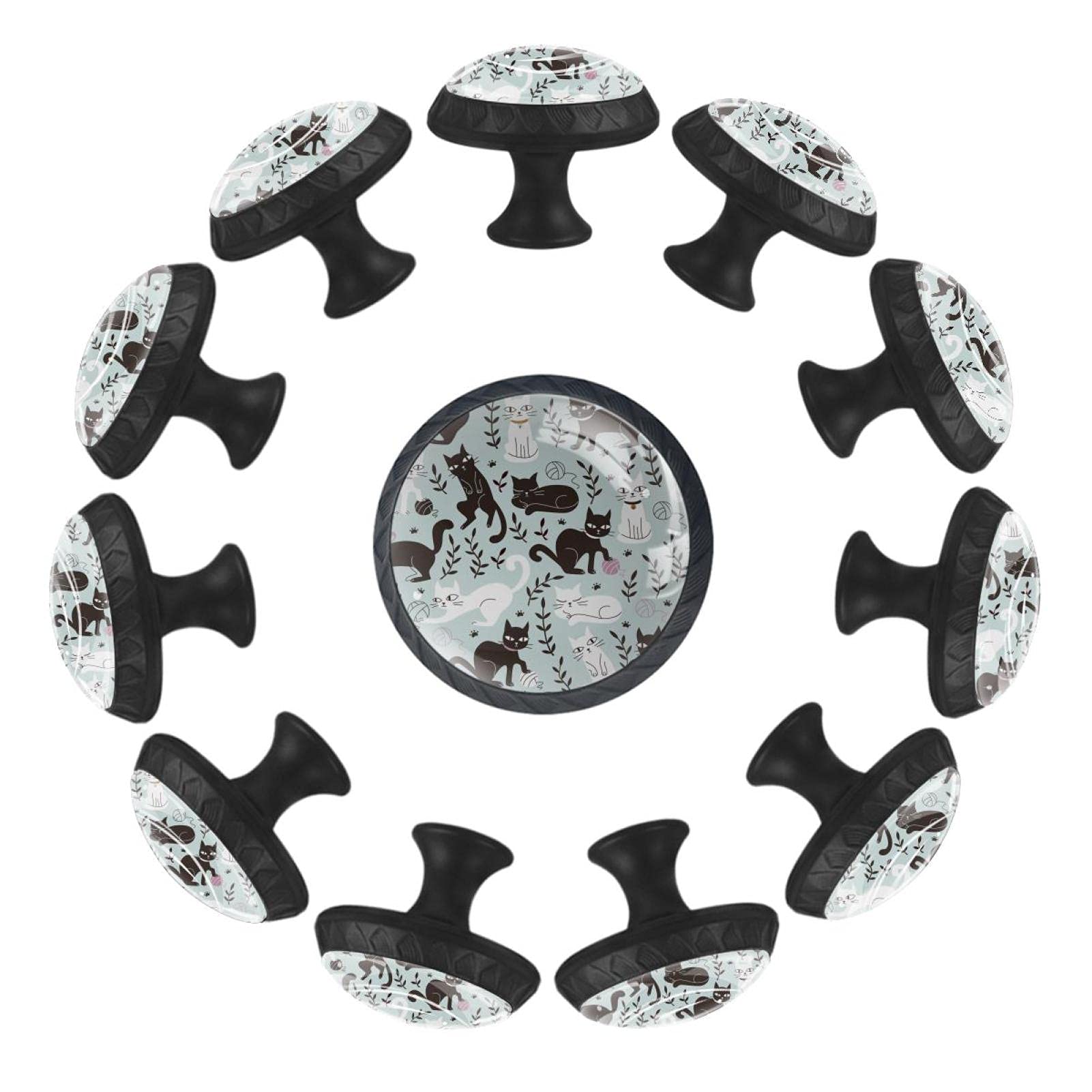 Boutons de tiroir ronds chat noir et blanc pour commode et meuble chambre