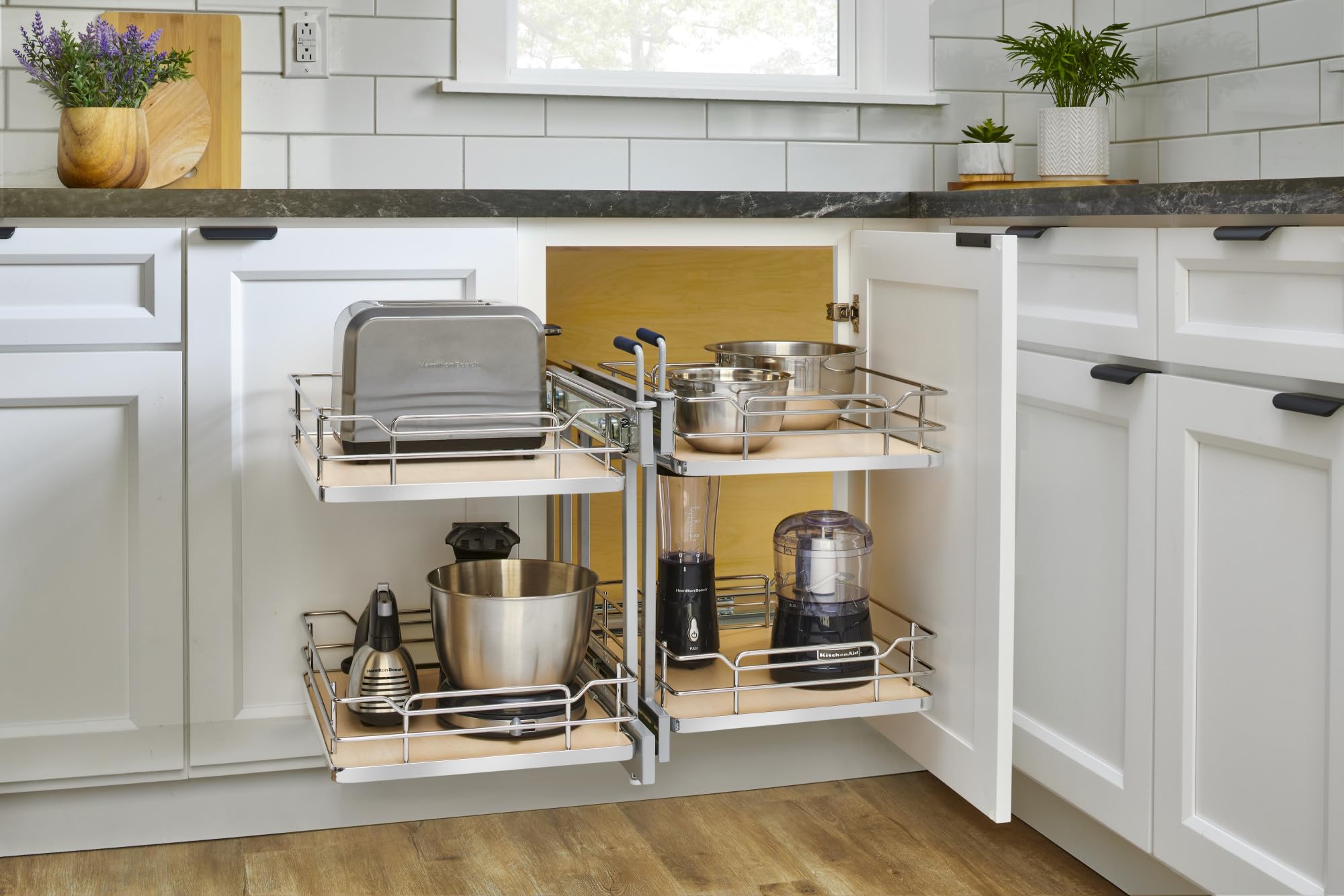 Rev-A-Shelf Steel Two-Tier Pullout Solid Bottom Organizer for Blind Corner Cabinets w/Soft-Close