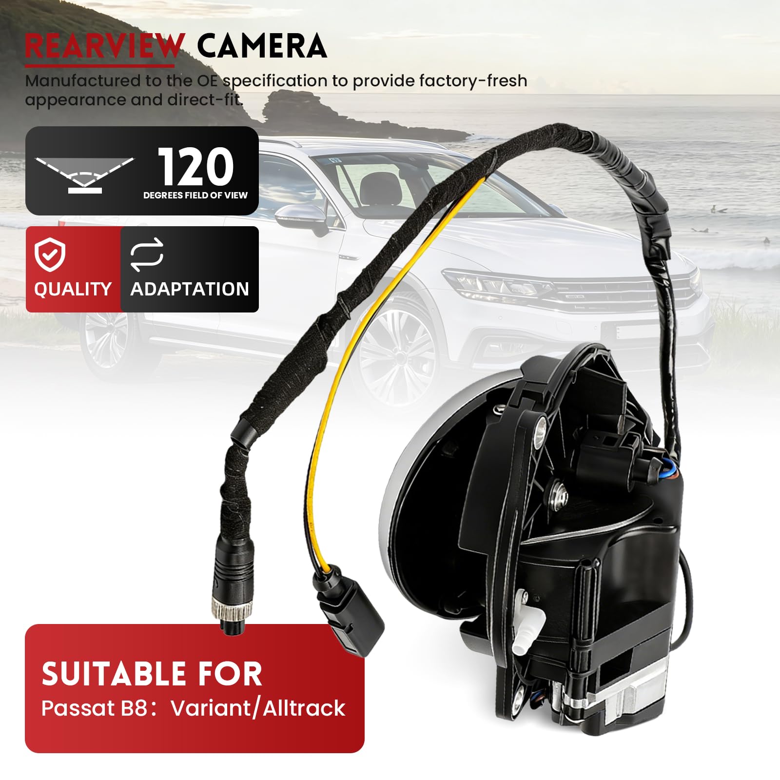 Cámara de Marcha atrás Compatible con Passat CC, Golf, Polo, cámara de visión Trasera 1280p, Alta definición, Resistente al Agua, visión Nocturna