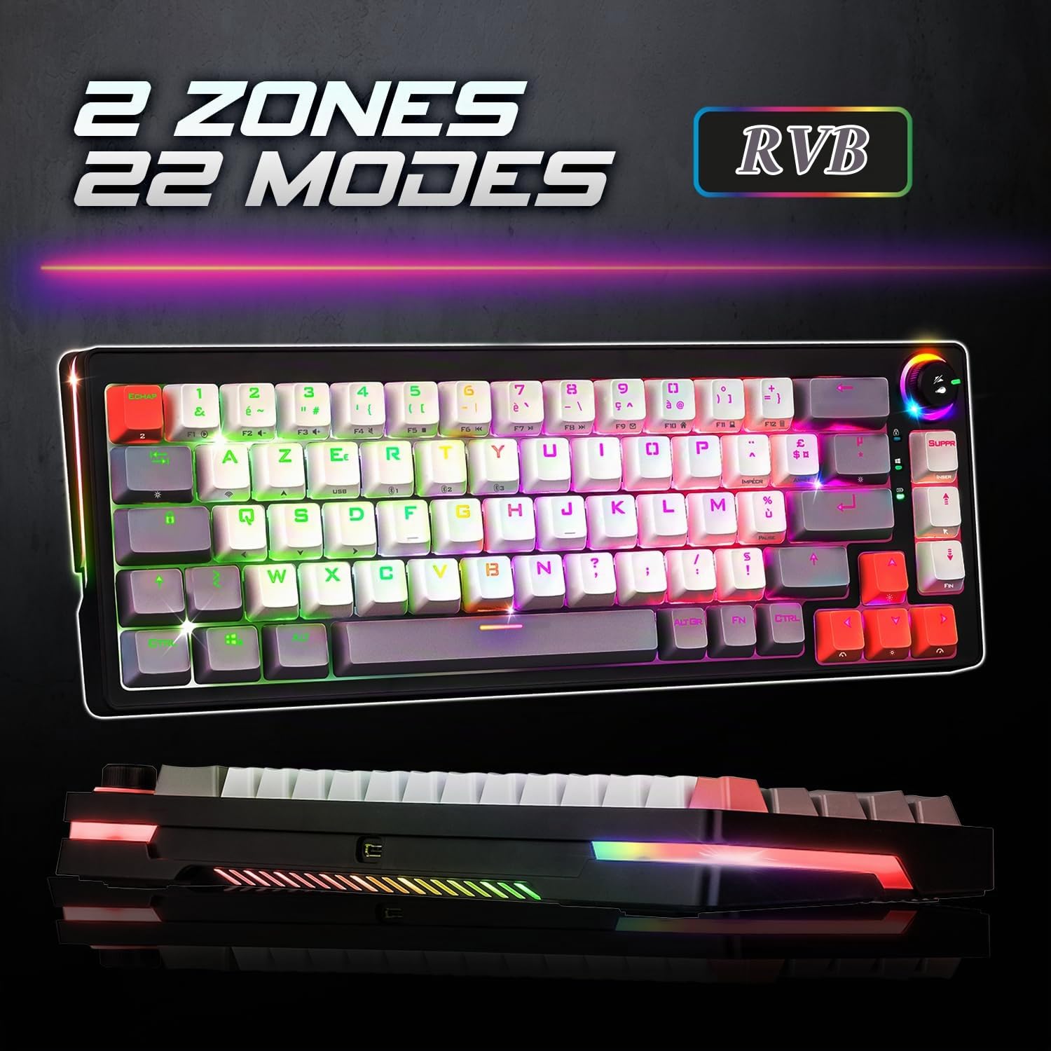 Spirit Of Gamer - XPERT K600, Clavier Gamer TKL sans Fil 65% Mécanique AZERTY, Switchs Rouges, Bluetooth, RF 2.4 GHz et Filaire USB, RGB 22 Modes, Anti-Ghosting 100%, Autonomie 200 Heures, Noir