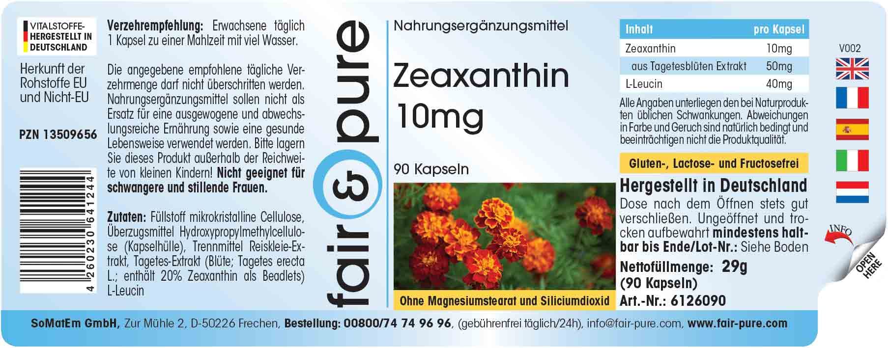 Fair & Pure® - Zeaxantina 10mg - Naturale - da fiore di calendula - Vegan - 90 Capsule