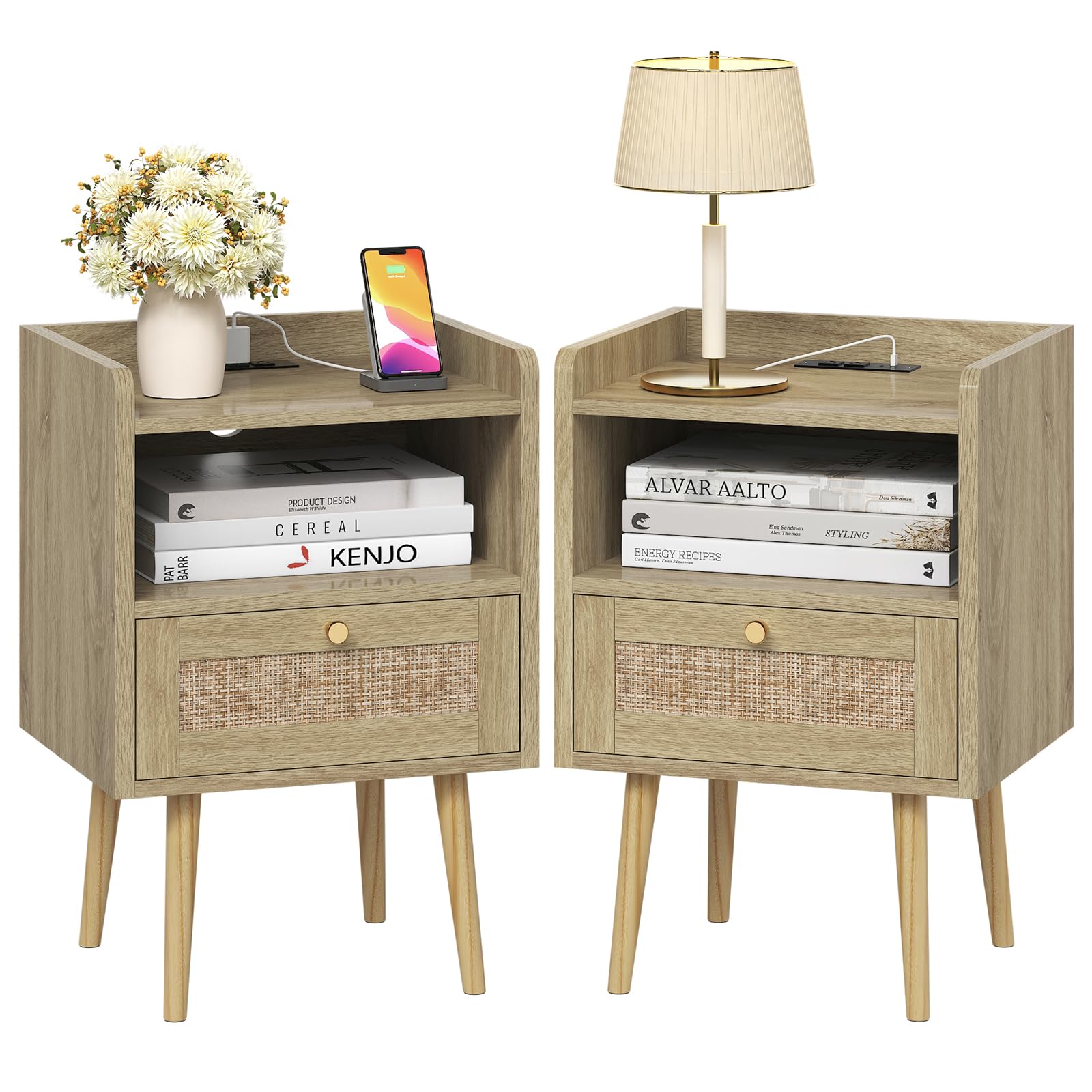 MECHYIN Night Stand Set 2, Nightstands Set of 2 with Charging Station, Rattan Side Tables with Solid Wood Legs