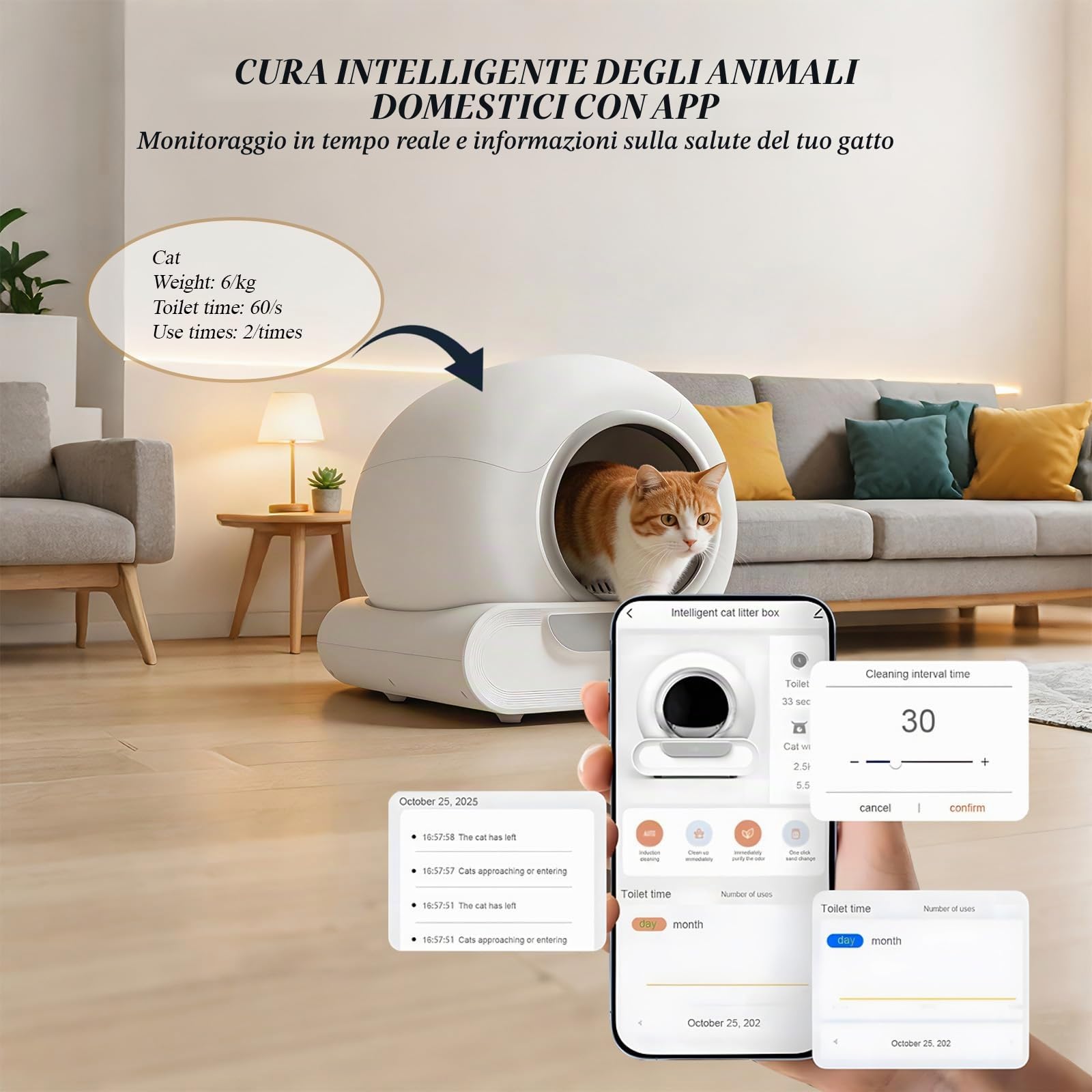 Lettiera Gatti Autopulente Wifi 74L Sensori di Sicurezza con App | 6 Sacchetti per Rifiuti 2 Filtri 1 Tappetino per Più Gatti