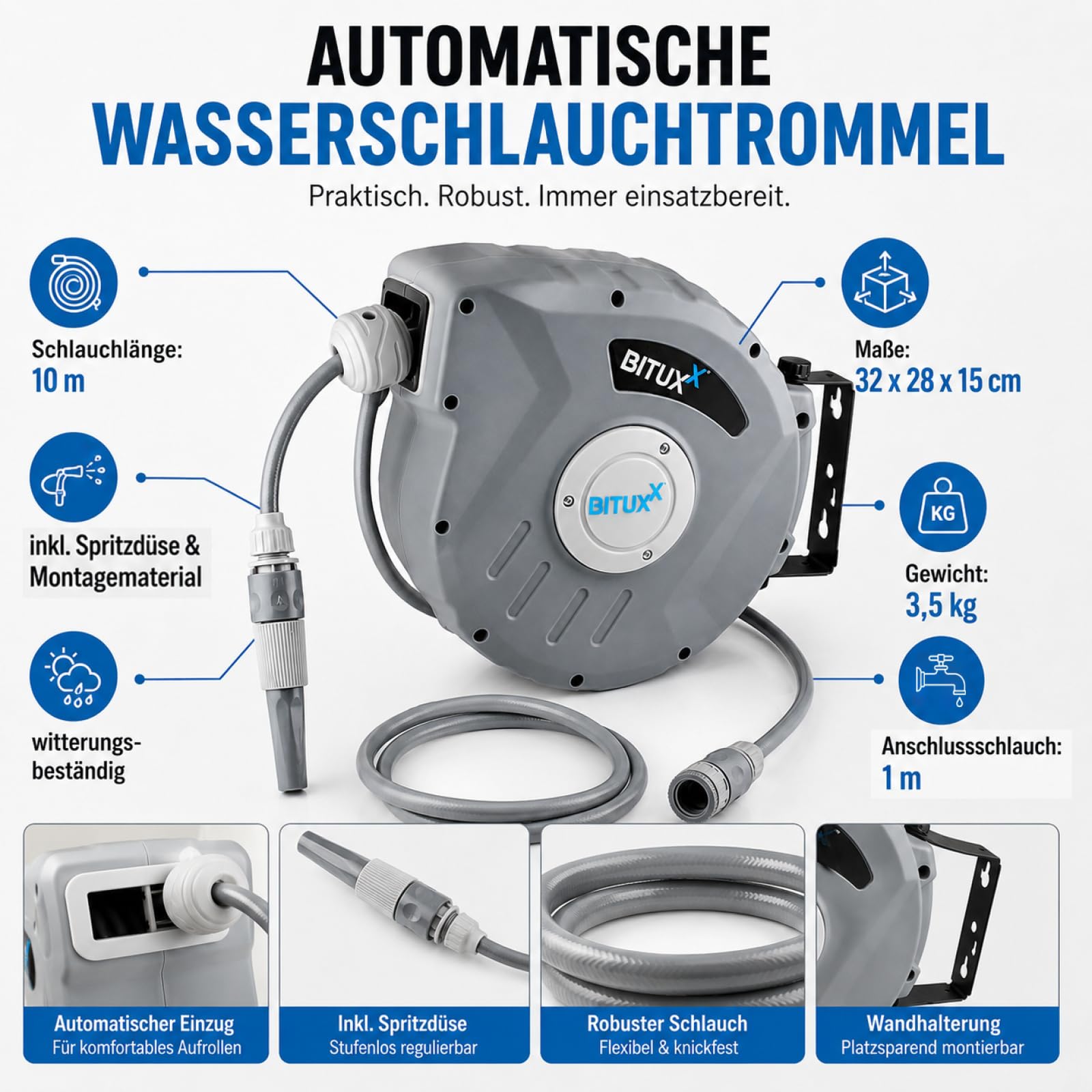 Bituxx Wand Wasser Schlauchtrommel Schlauchaufroller Wasserschlauchaufroller Schlauchbox Automatik (10 m) | Wasserschlauchaufroller, Schlauchbox, Automatik