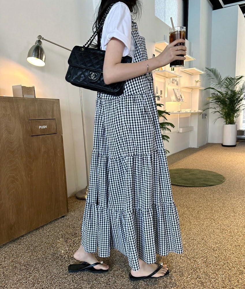 chouyatou Women's Retro Plaid Suspender Maxi Dress Sleeveless Ruffle Tiered Overall Jumper Long Dress - Image 3