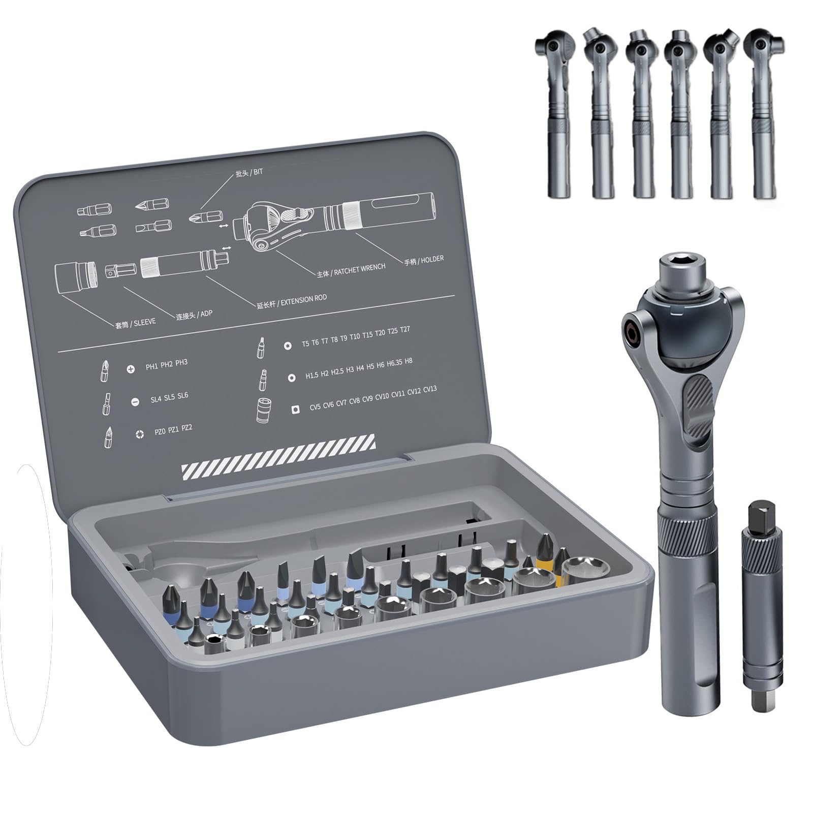 180° Rotating Head Ratchet Wrench Set – HomeMagician 40 in 1 1/4" Drive Socket Set with Quick-Release, 28 S2 Bits & 9 CR-V Sockets for DIY, Bike, Electronics, and Car Repair