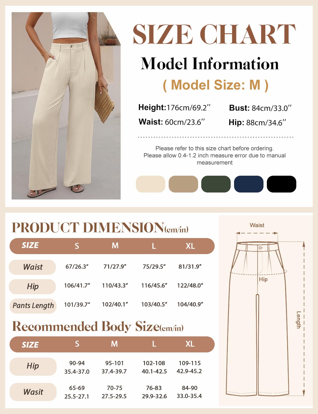 Hose Damen Sommer Weites Bein Freizeithose Hight Waist Geradem Sommerhose Leichte Bequeme Lässige Anzughose Hosen Lang mit Taschen, Knopfleiste